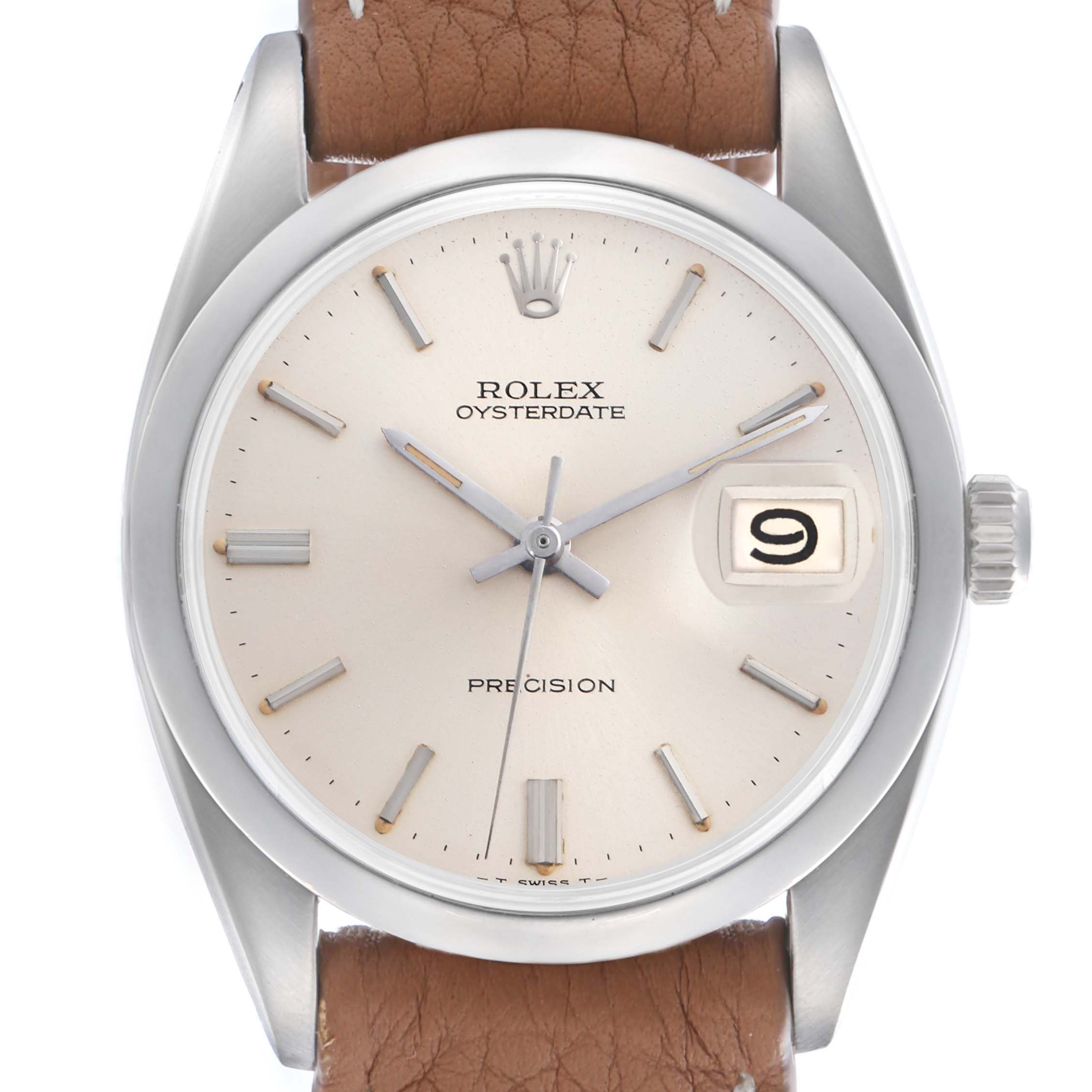 The Rolex Vintage Collection 6694 Men
s Stainless Steel Silver Dial watch is shown from the front, displaying the dial, hands, crown, and a portion of the leather strap.