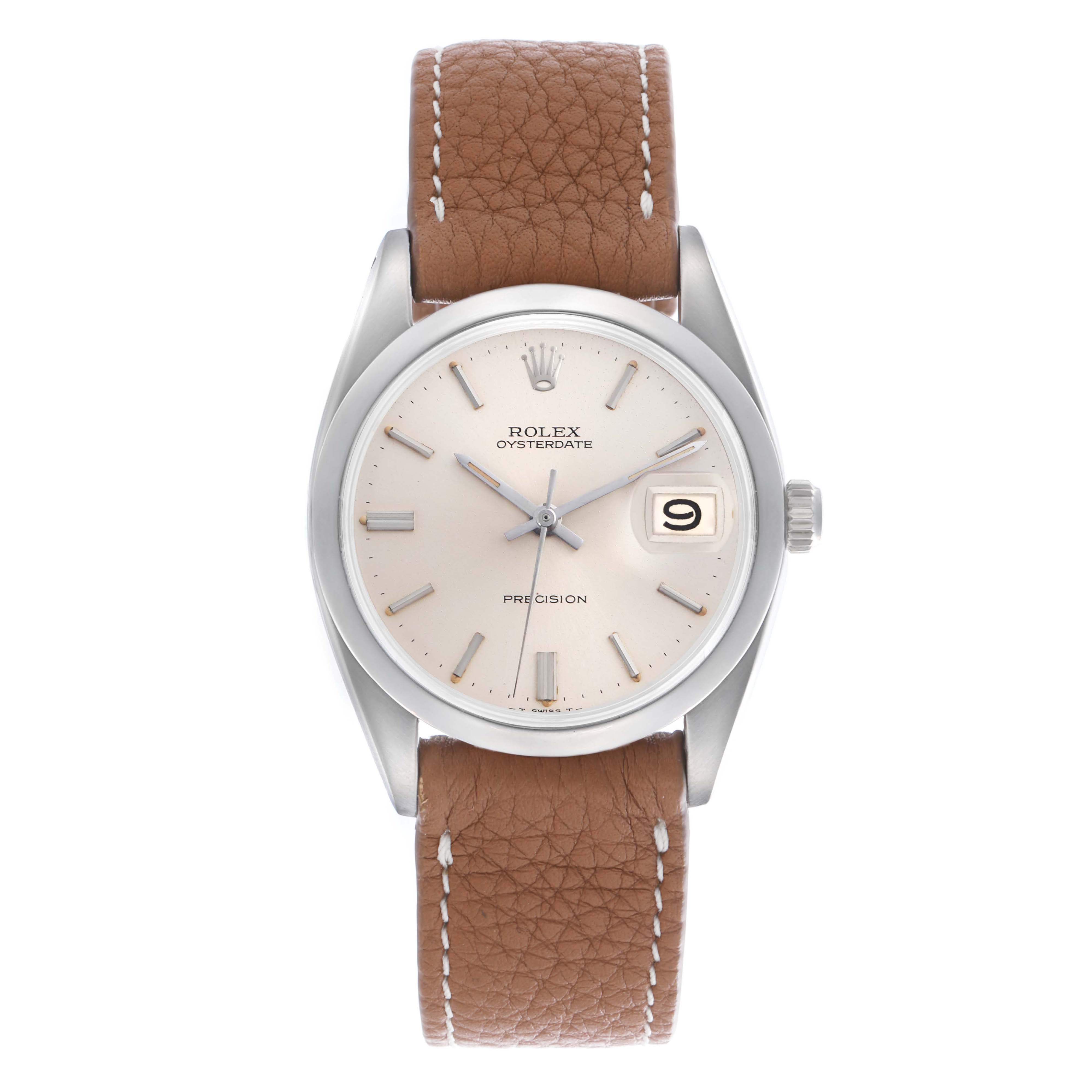 The Rolex Vintage Collection 6694 Men
s Stainless Steel Silver Dial watch is shown from the front, displaying the dial, case, crown, and brown leather strap.