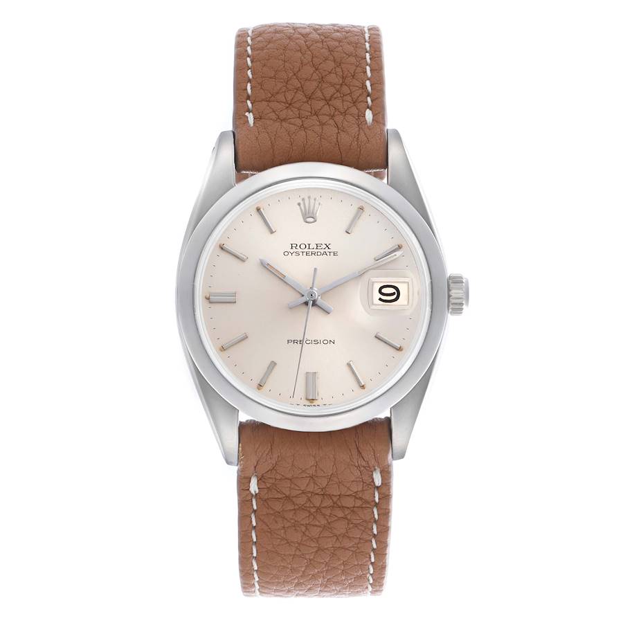 The Rolex Vintage Collection 6694 Men's Stainless Steel Silver Dial watch is shown from the front, displaying the dial, case, crown, and brown leather strap.