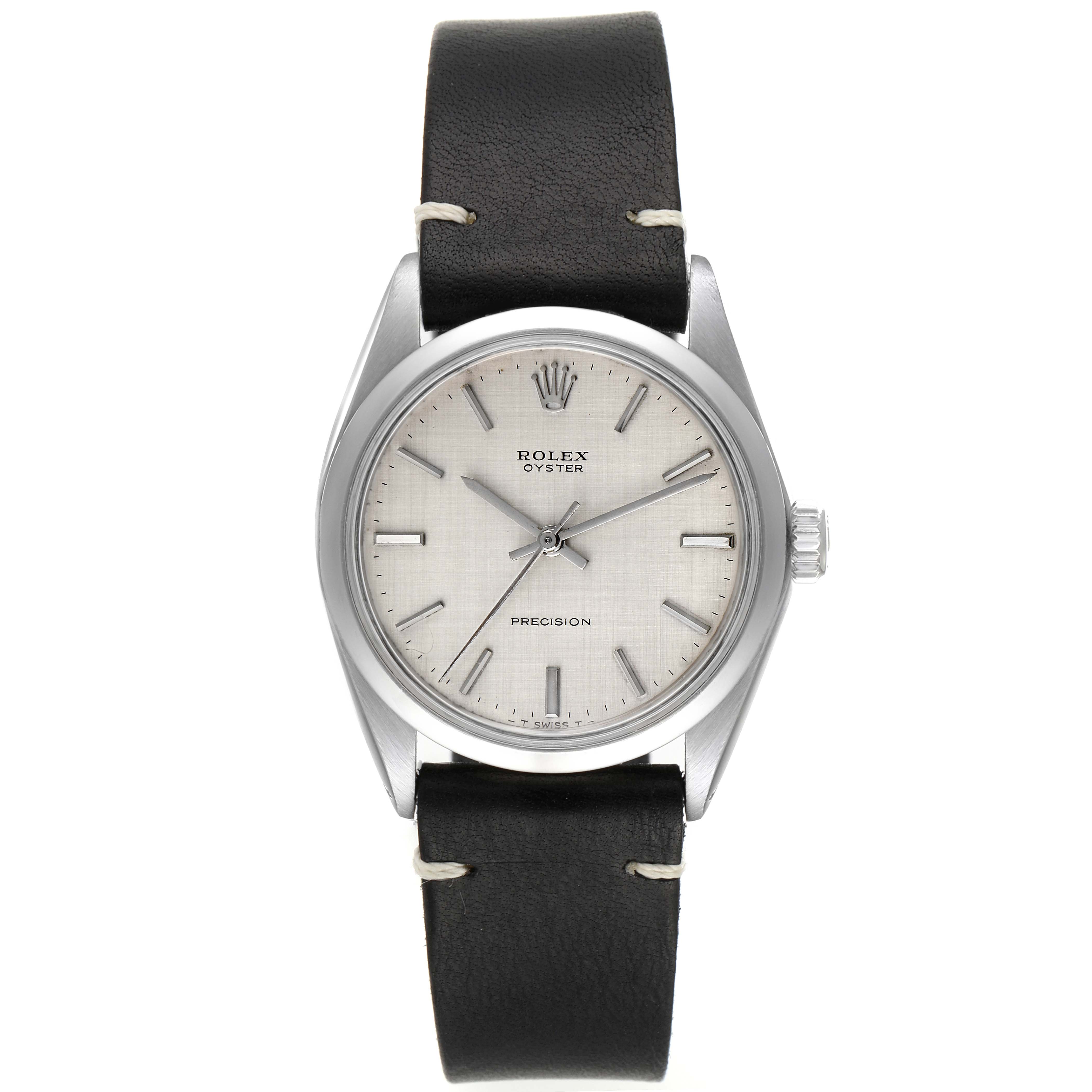 The image shows a front view of the Rolex Vintage Collection 6426 Men's Stainless Steel Silver Dial 6426 Men's Stainless Steel Silver Dial model featuring the dial, case, crown, and black leather strap.