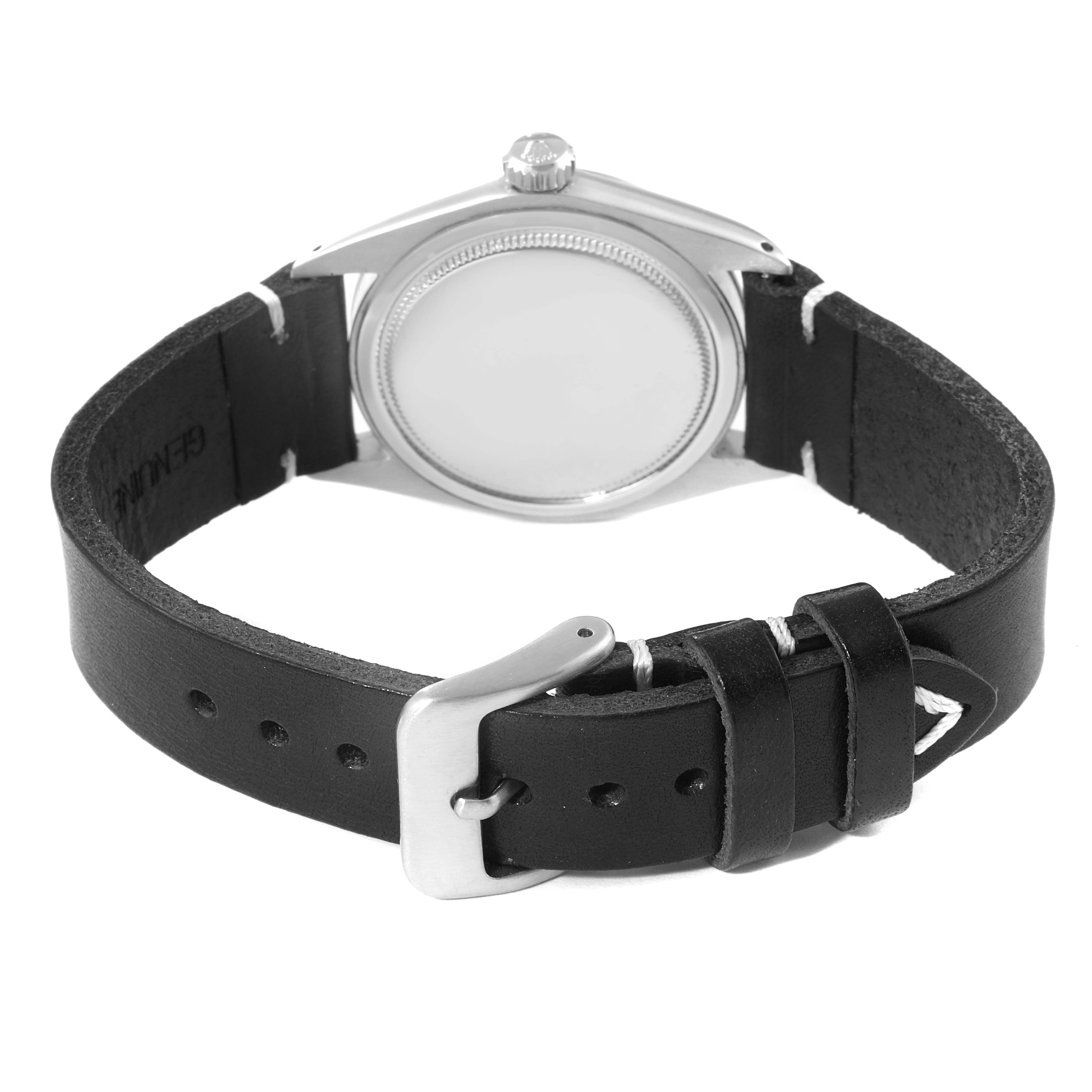 The image shows the back view of the Rolex Vintage Collection 6426 Men's Stainless Steel Silver Dial 6426 Men's Stainless Steel Silver Dial watch, highlighting the case back and black leather strap with buckle.