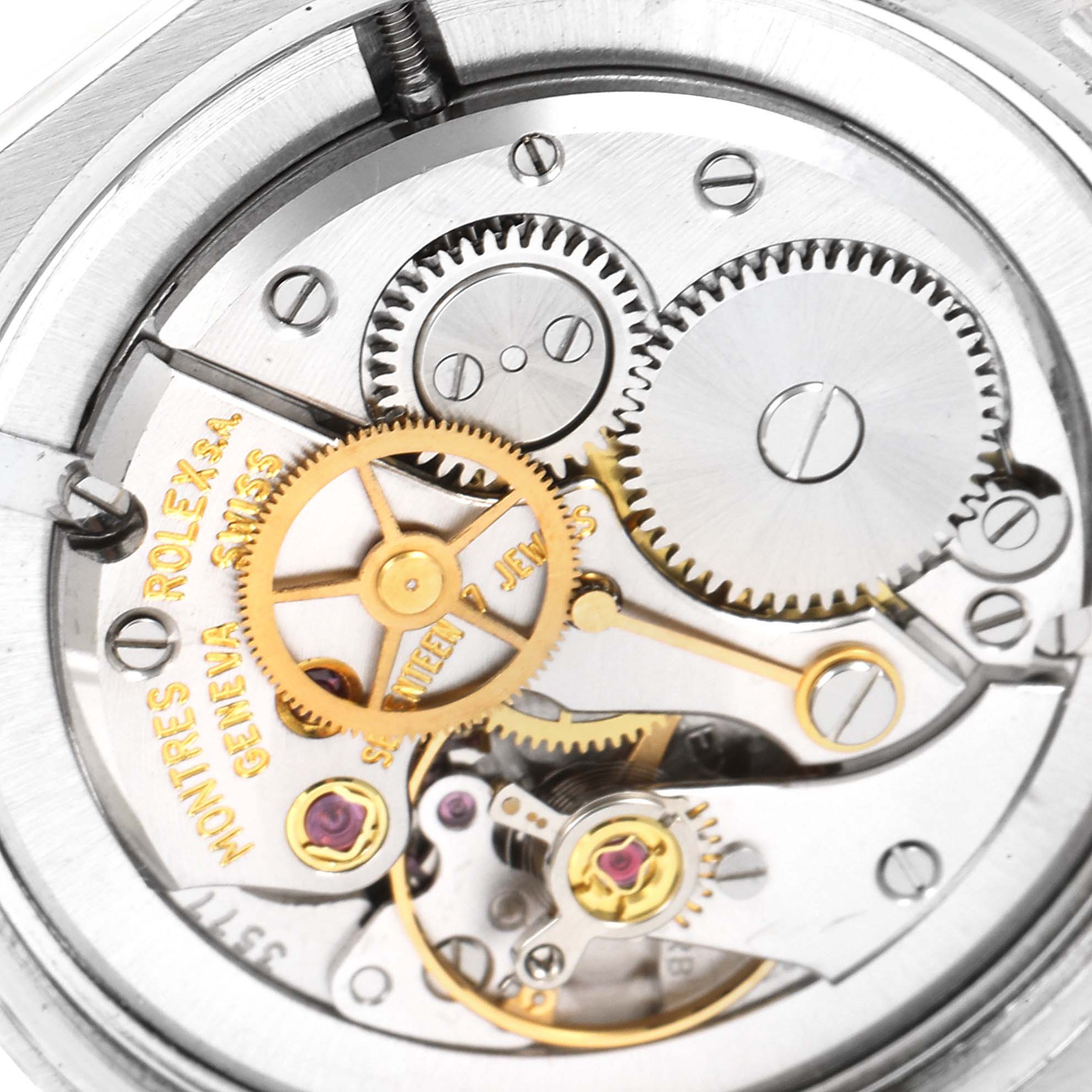 This image shows a close-up view of the internal mechanisms of the Rolex Vintage Collection 6426 Men's Stainless Steel Silver Dial 6426 Men's Stainless Steel Silver Dial watch.