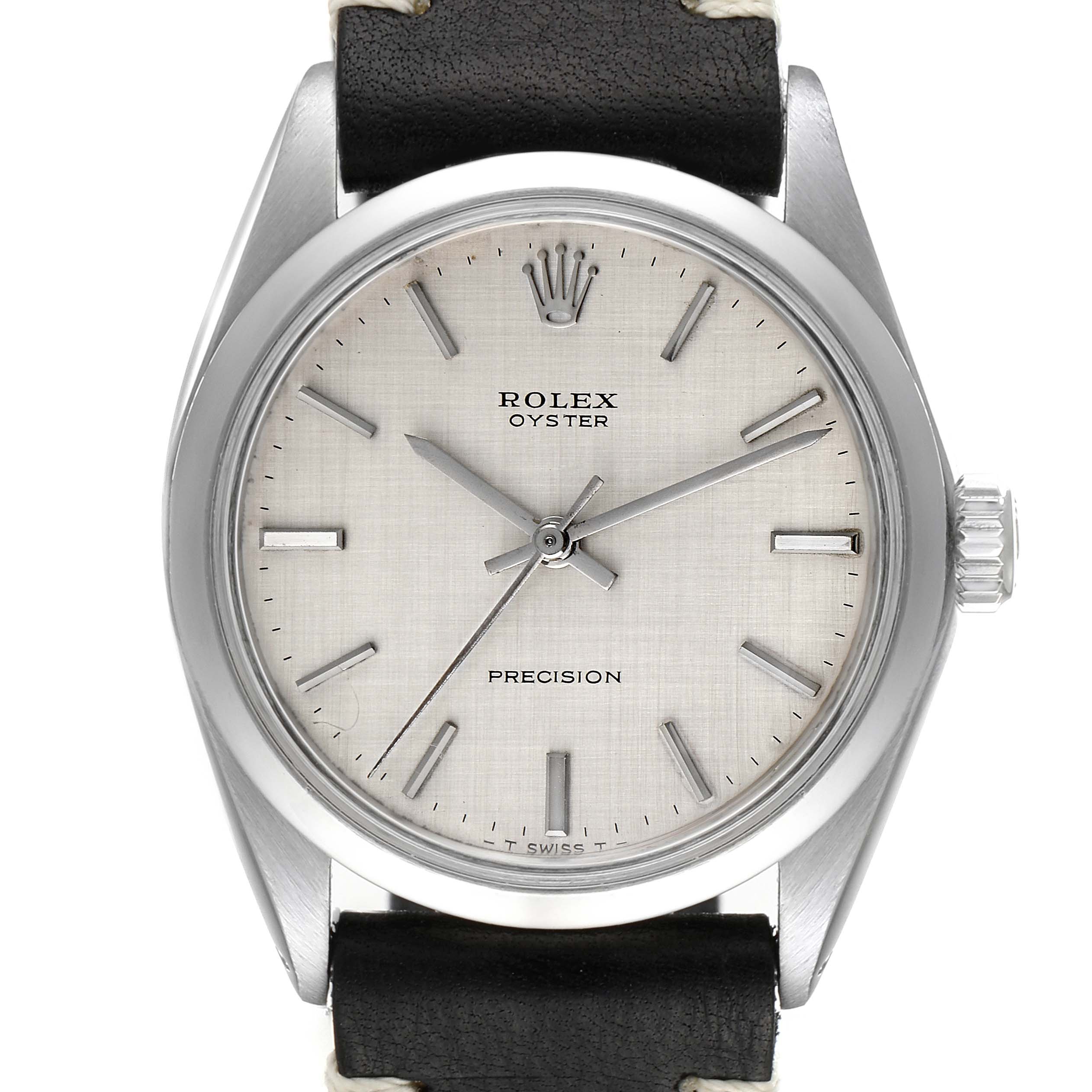 The image shows the front view of a Rolex Vintage Collection 6426 Men's Stainless Steel Silver Dial 6426 Men's Stainless Steel Silver Dial Oyster Precision watch with a silver dial and black leather strap.