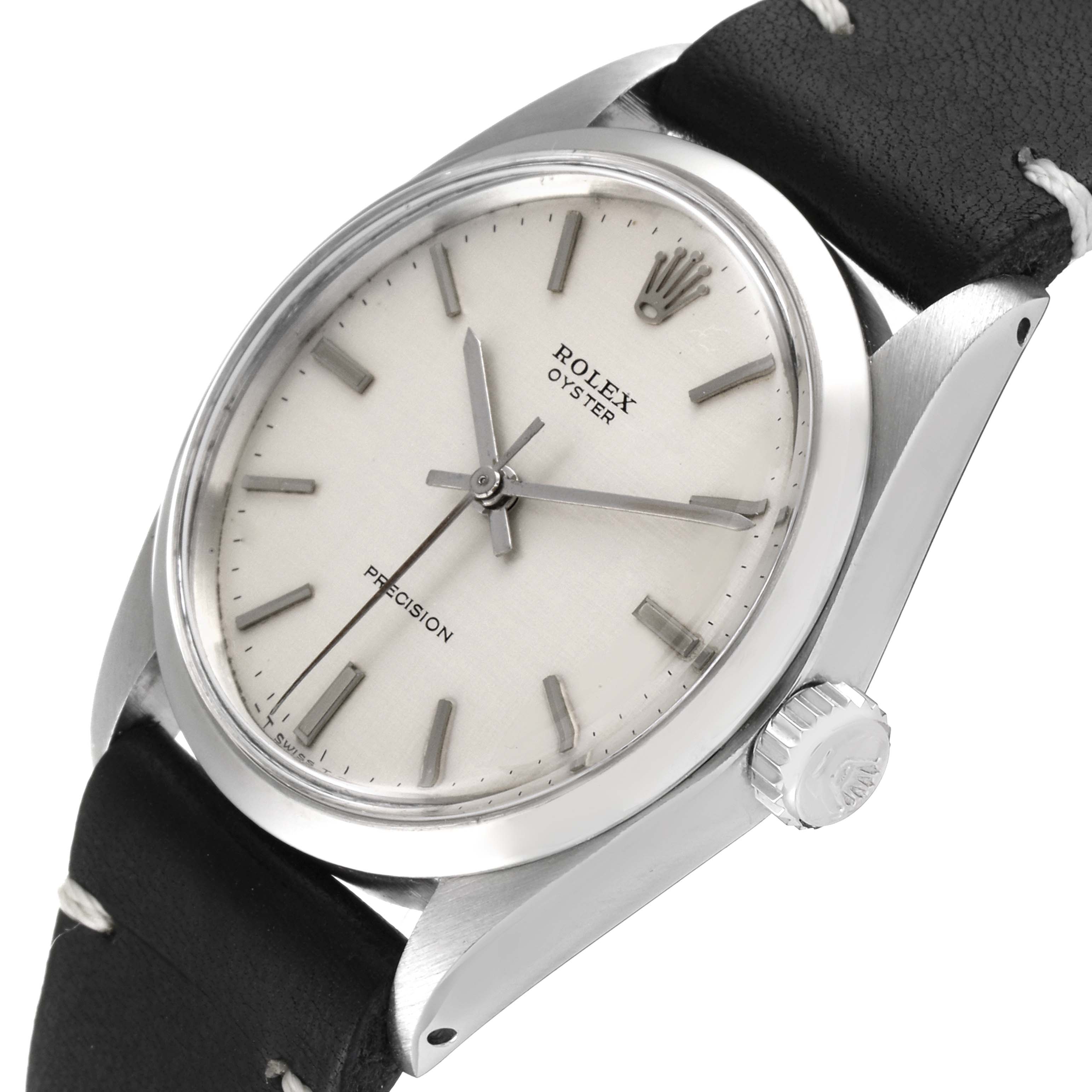 This image shows a Rolex Vintage Collection 6426 Men's Stainless Steel Silver Dial 6426 Men's Stainless Steel Silver Dial watch at a three-quarter angle, highlighting the dial, case, crown, and part of the strap.