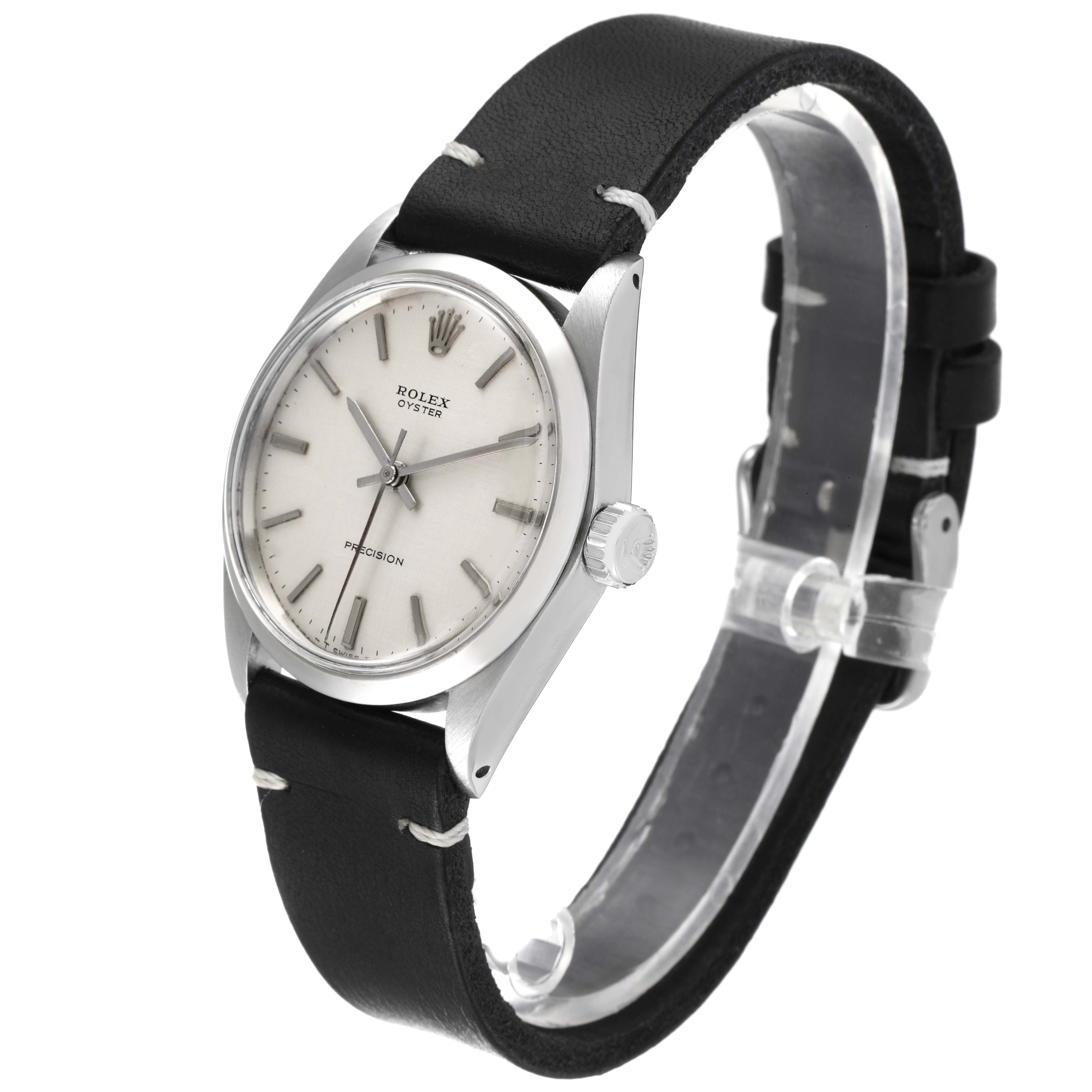 The Rolex Vintage Collection 6426 Men's Stainless Steel Silver Dial 6426 Men's Stainless Steel Silver Dial watch is shown at an angle highlighting the dial, case, crown, and leather strap.