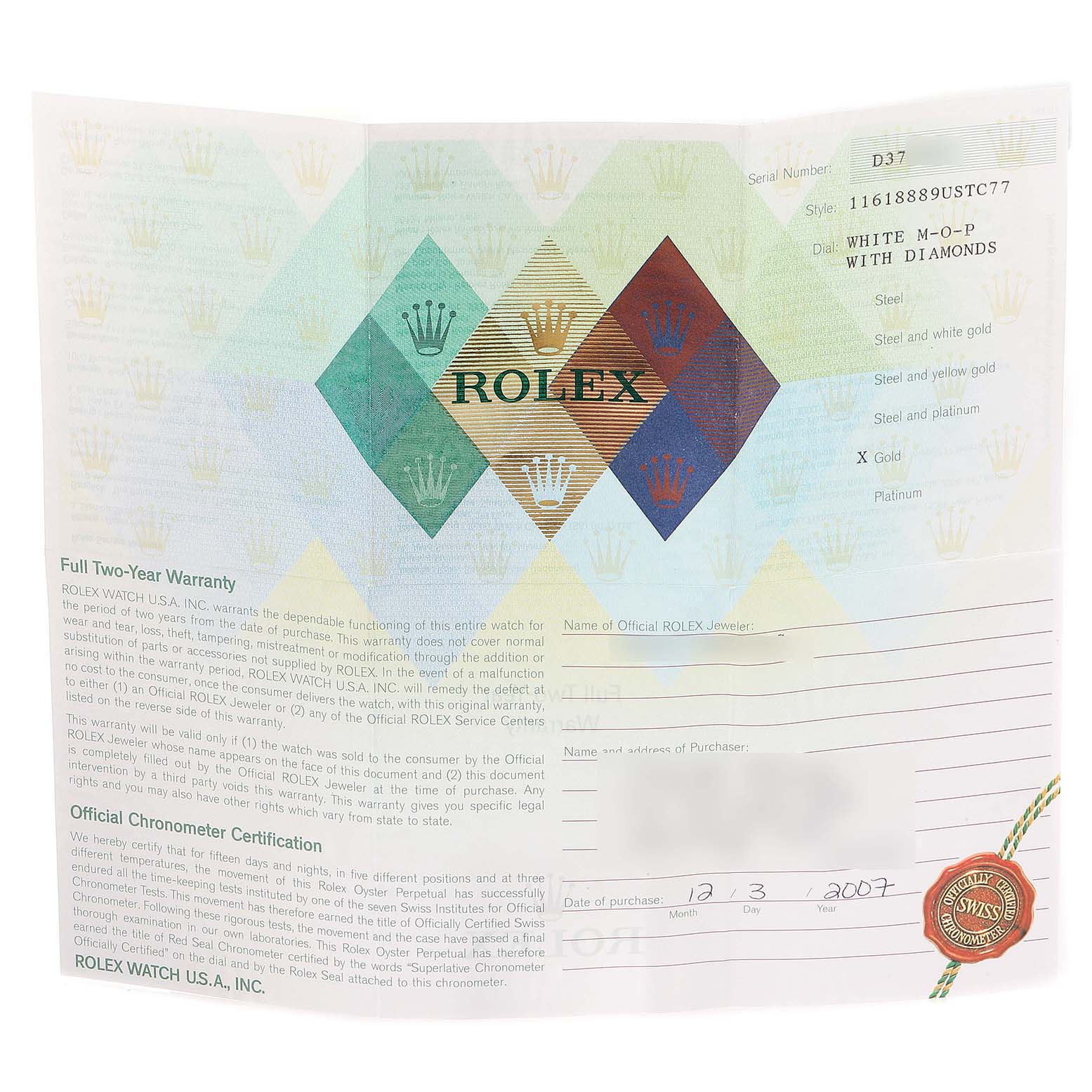 The image shows a warranty and certification document for the Rolex Datejust 116188 Men's Yellow Gold Mother of Pearl Dial 116188 Men's Yellow Gold Mother of Pearl Dial watch model.