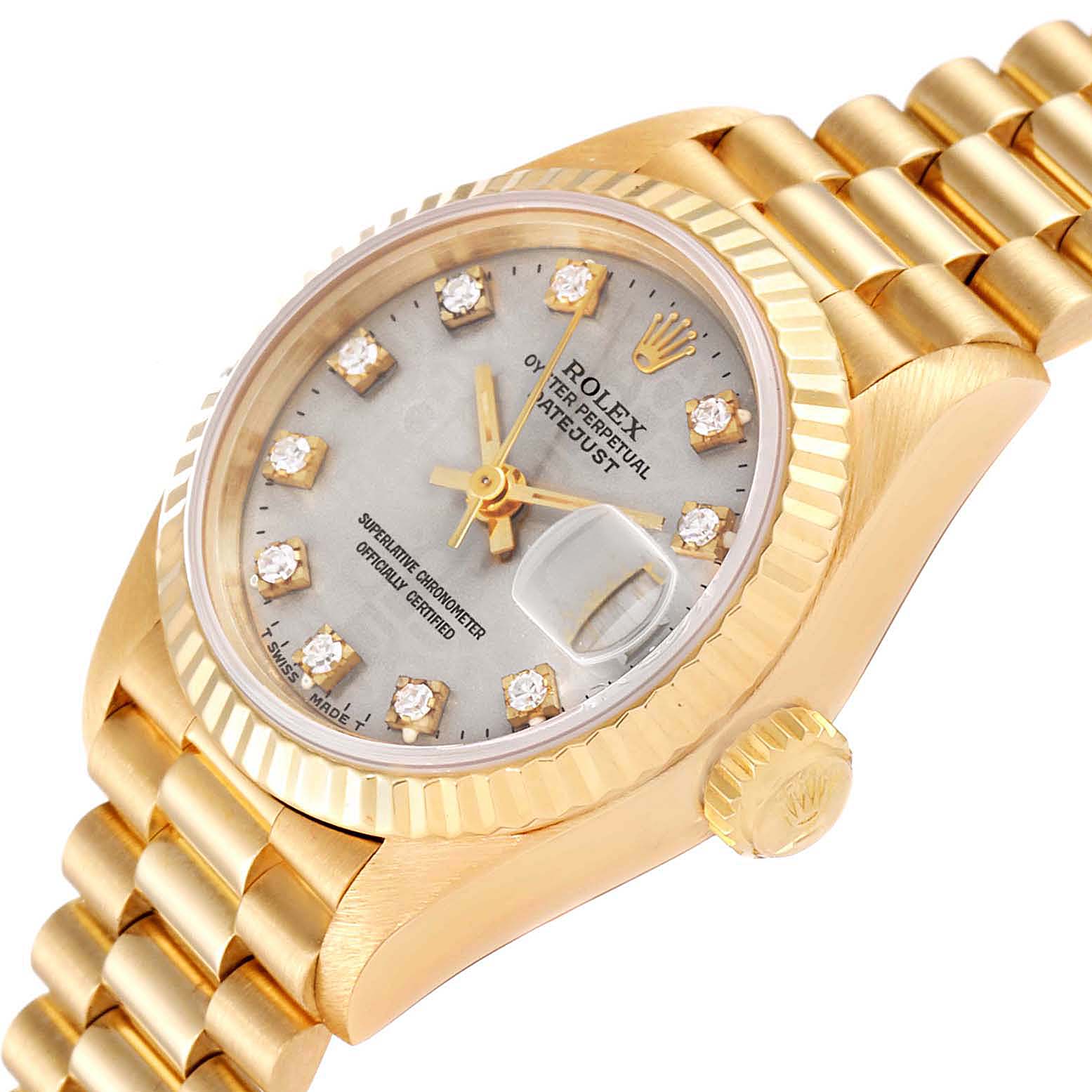 The image shows a close-up angle of a Rolex President 69178 Women's Yellow Gold Silver Dial 69178 Women's Yellow Gold Silver Dial model, highlighting the dial, bezel, crown, and part of the bracelet.