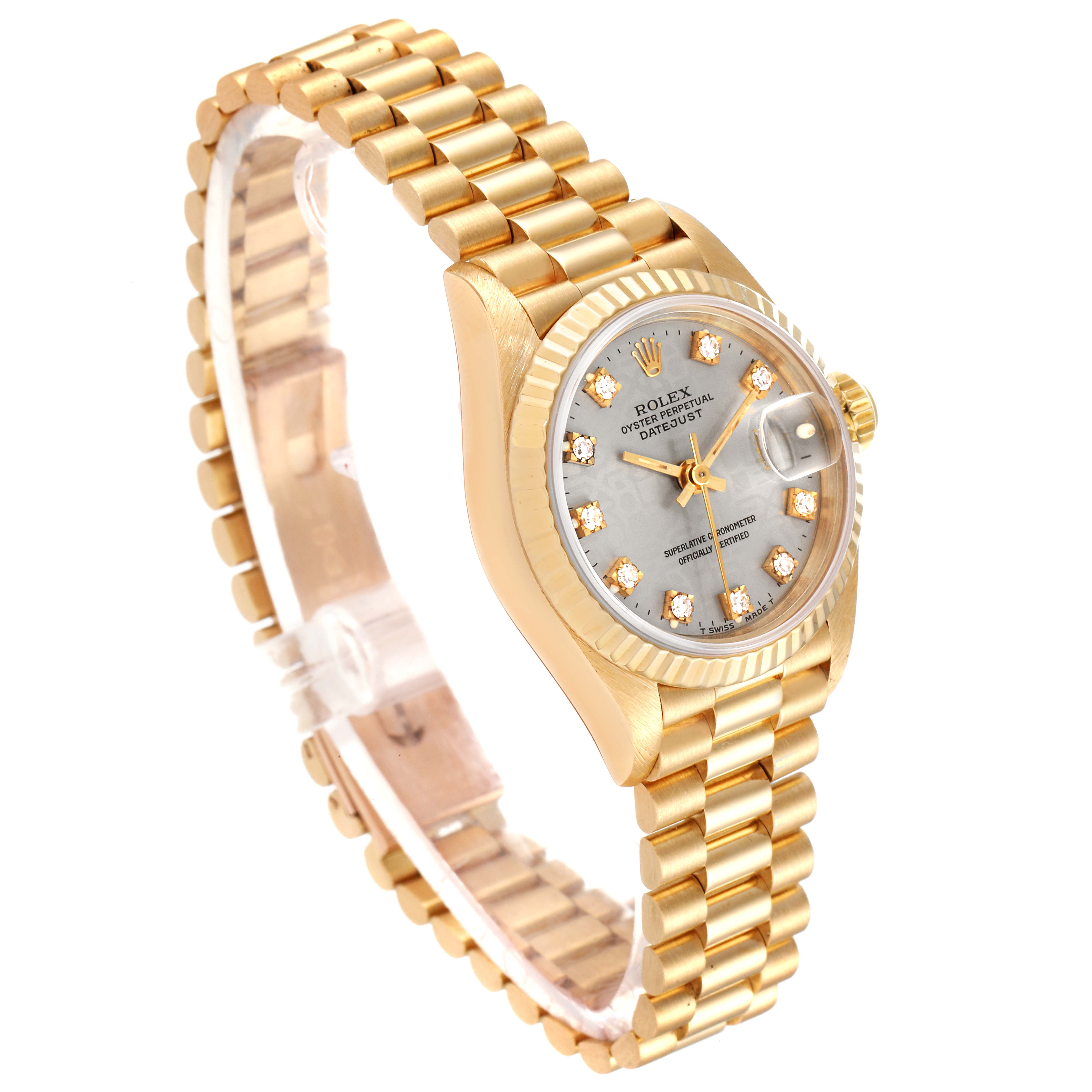 The image shows a side and front angle of a gold Rolex President 69178 Women's Yellow Gold Silver Dial 69178 Women's Yellow Gold Silver Dial watch, highlighting its bracelet and diamond-studded dial.