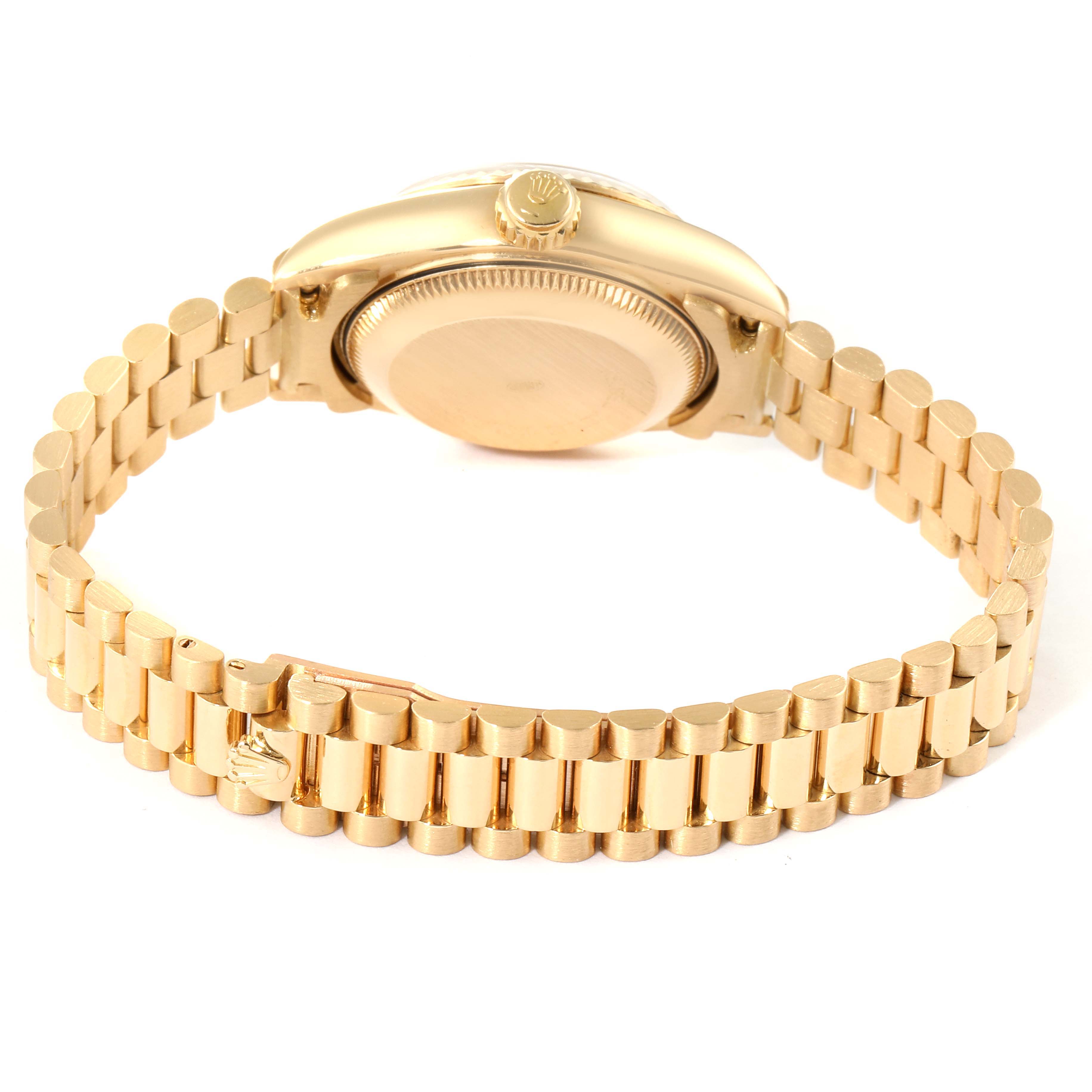 The image shows the back view of the Rolex President 69178 Women's Yellow Gold Silver Dial 69178 Women's Yellow Gold Silver Dial watch, highlighting the case back and gold link bracelet.