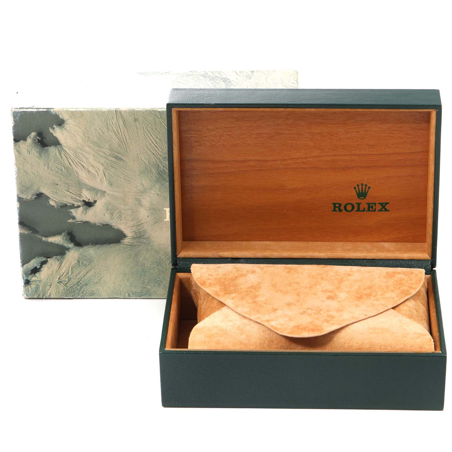 The image shows a Rolex President 69178 Women's Yellow Gold Silver Dial 69178 Women's Yellow Gold Silver Dial model box, with the lid open revealing a suede pouch inside.