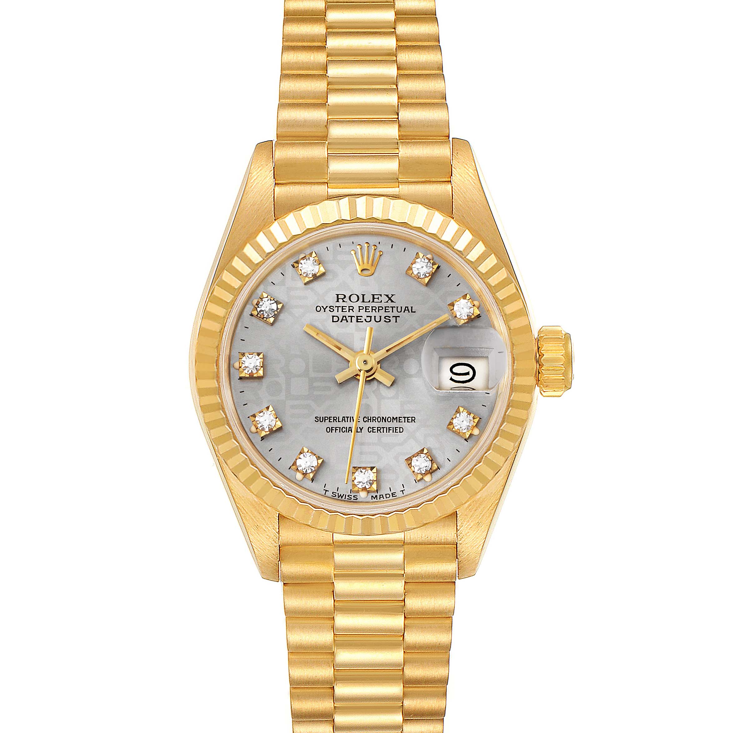 The Rolex President 69178 Women's Yellow Gold Silver Dial 69178 Women's Yellow Gold Silver Dial Datejust model watch is shown from a top-down angle, displaying its gold case, bracelet, and diamond-studded dial.