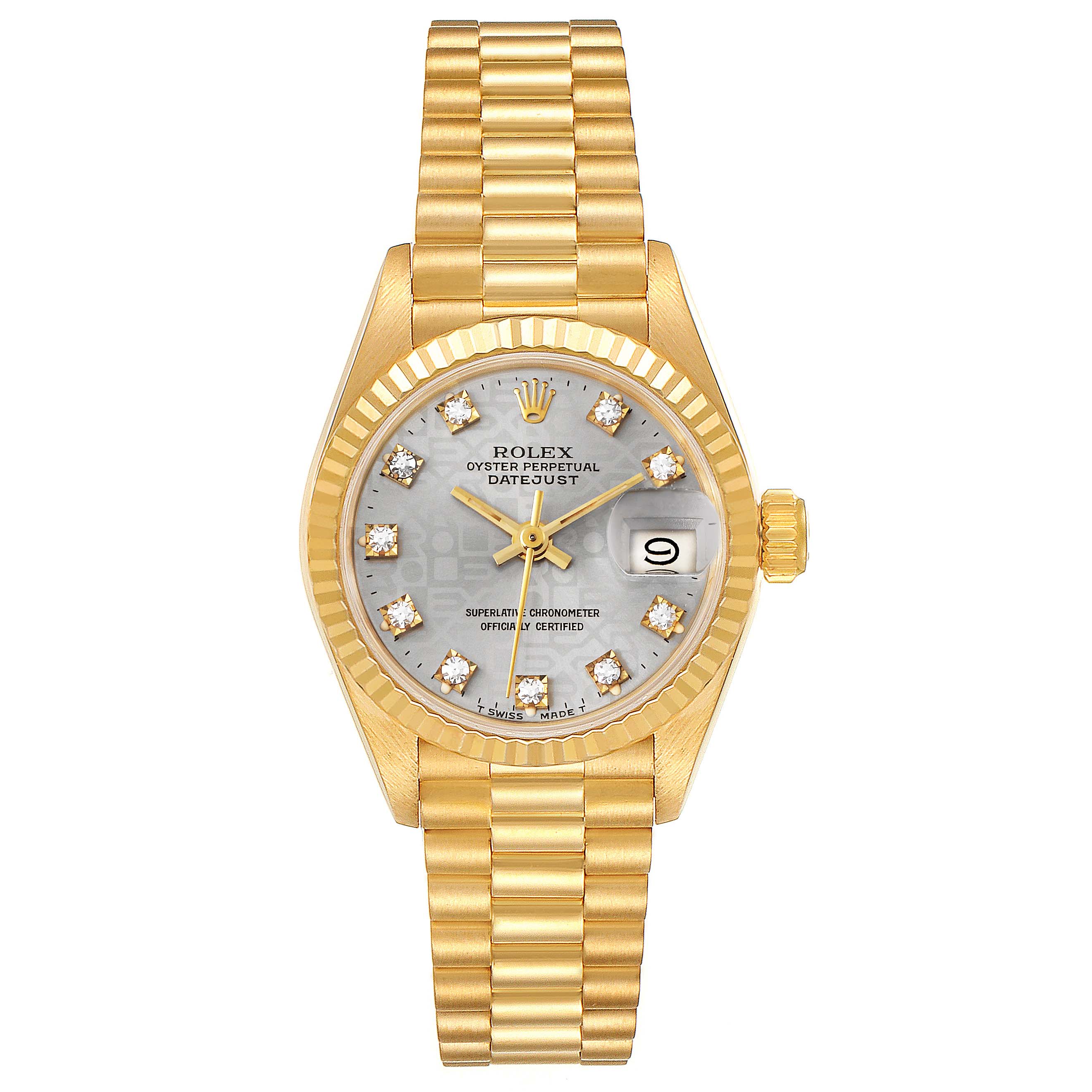 The image shows a Rolex President 69178 Women's Yellow Gold Silver Dial 69178 Women's Yellow Gold Silver Dial model watch from a front angle, highlighting the dial, bracelet, and bezel.