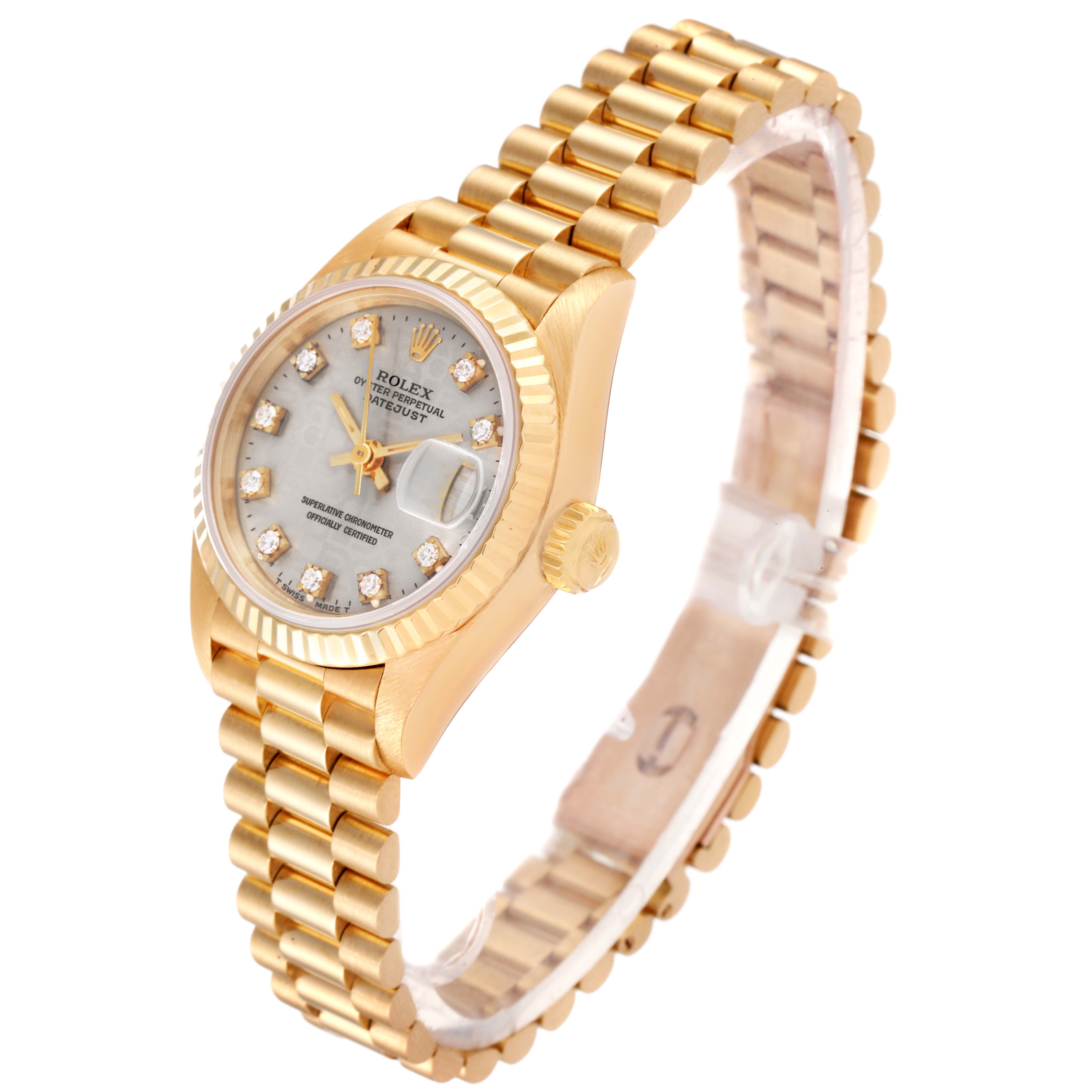 The Rolex President 69178 Women's Yellow Gold Silver Dial 69178 Women's Yellow Gold Silver Dial model watch is shown at a slight angle, displaying its gold band, dial, crown, and diamond hour markers.