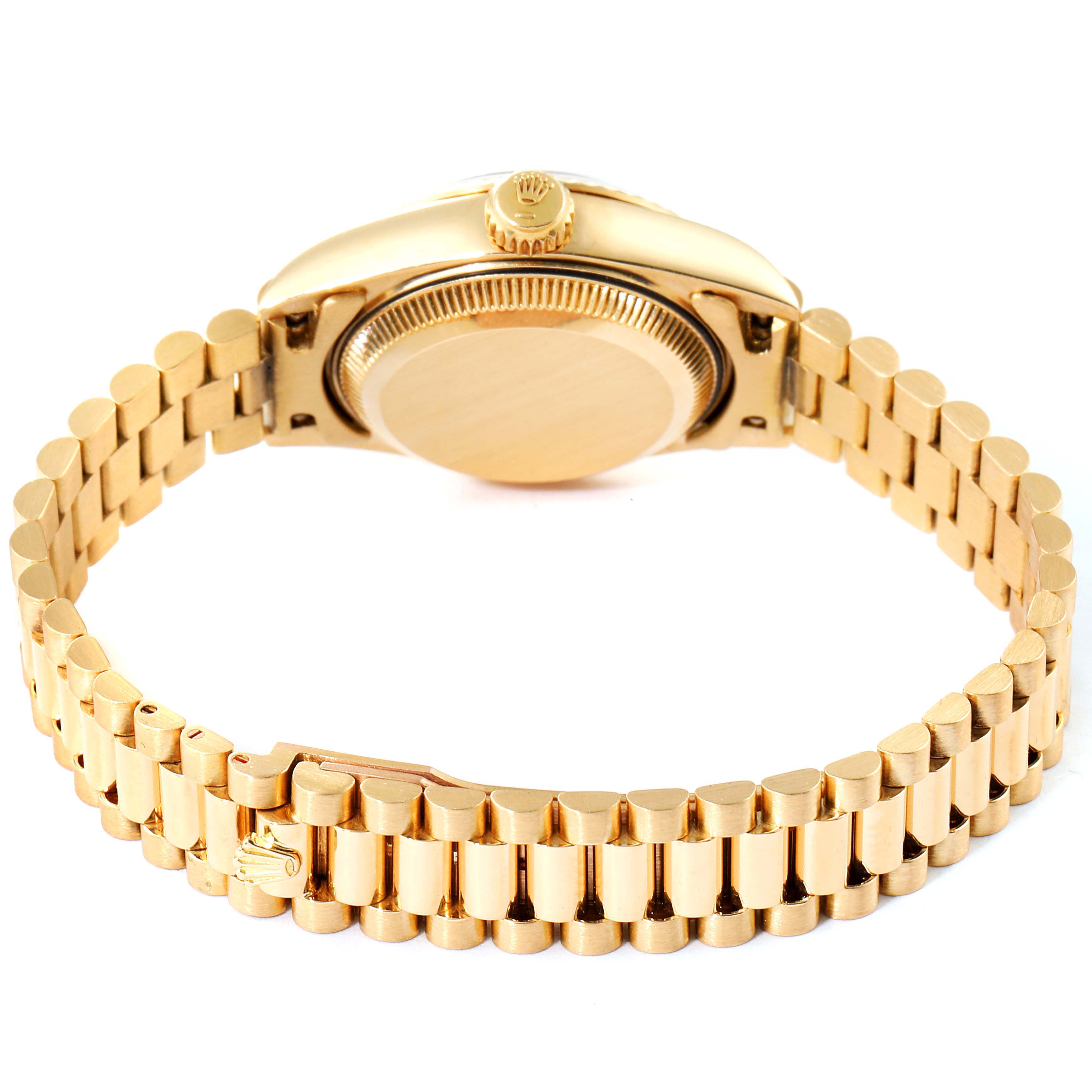 The image shows the back view of a Rolex President 69178 Women's Yellow Gold Champagne Dial 69178 Women's Yellow Gold Champagne Dial model watch, highlighting the case back and bracelet.