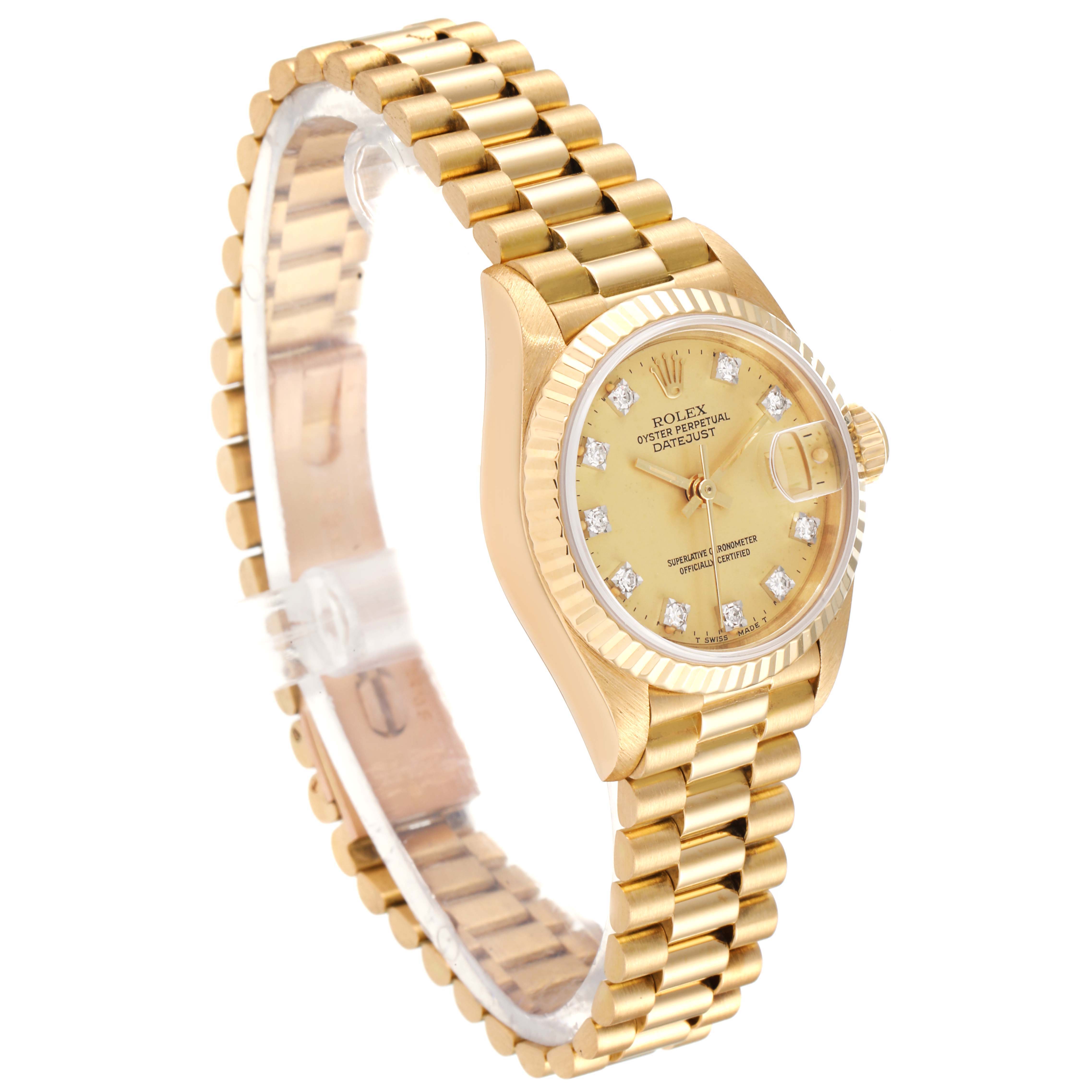 The image shows a Rolex President 69178 Women's Yellow Gold Champagne Dial 69178 Women's Yellow Gold Champagne Dial model watch at an angle highlighting the gold bracelet and diamond-accented dial.