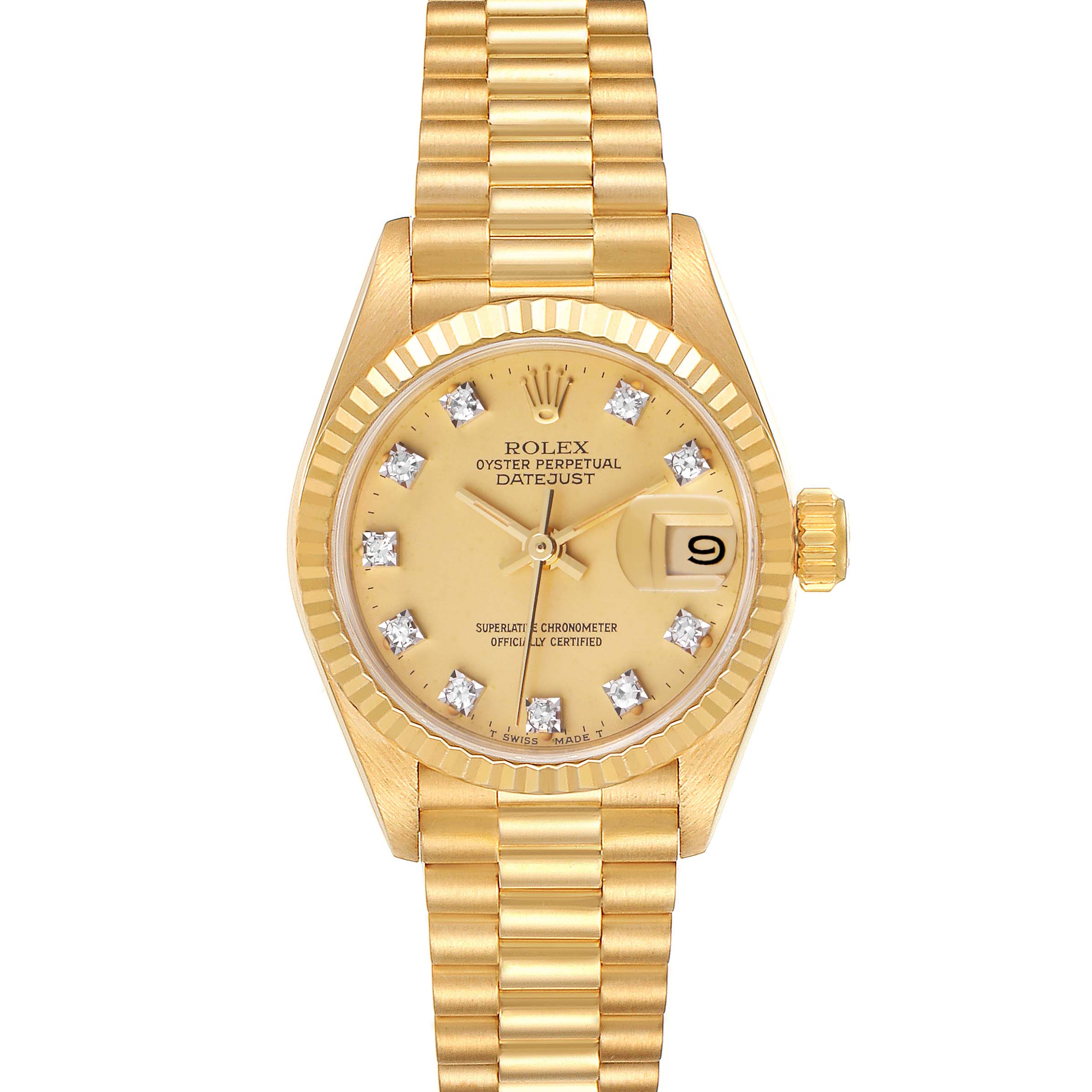 The Rolex President 69178 Women's Yellow Gold Champagne Dial 69178 Women's Yellow Gold Champagne Dial Datejust watch is shown from a front angle, displaying its dial, bezel, crown, and bracelet.