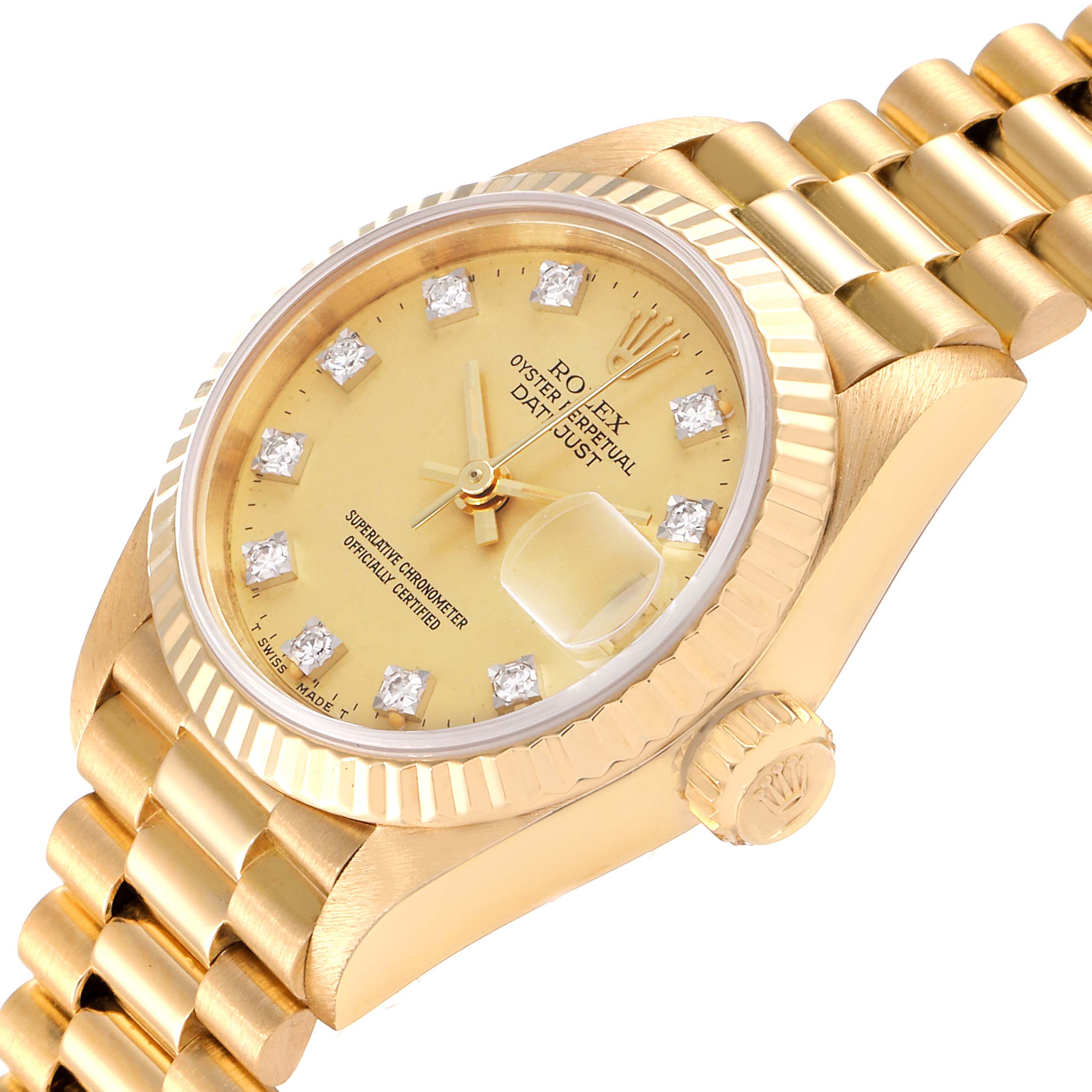 The image shows a close-up angled view of the Rolex President 69178 Women's Yellow Gold Champagne Dial 69178 Women's Yellow Gold Champagne Dial model, highlighting its gold case, diamond markers, and bracelet.