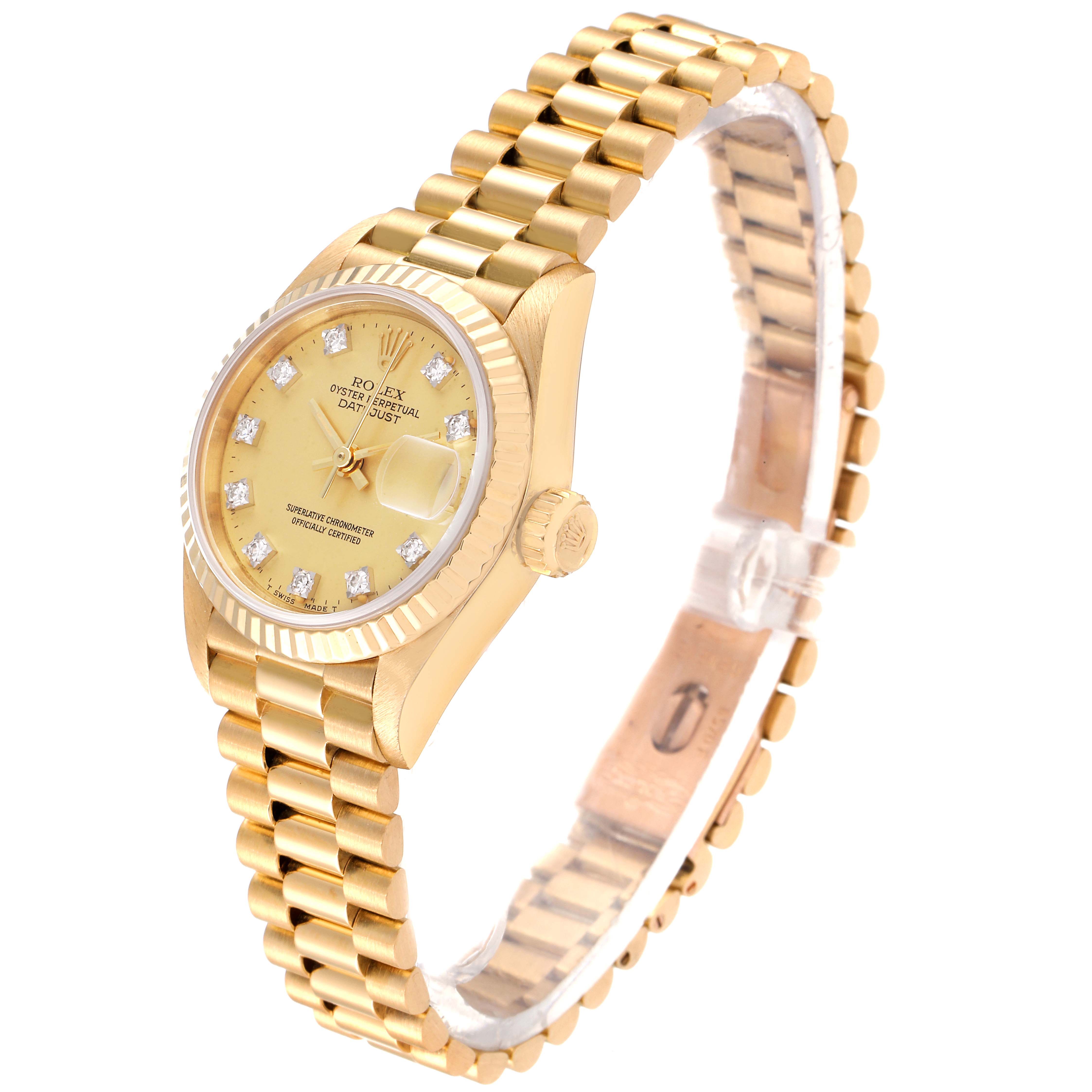 This image shows a Rolex President 69178 Women's Yellow Gold Champagne Dial 69178 Women's Yellow Gold Champagne Dial model watch angled to display its gold bracelet, face, and crown.