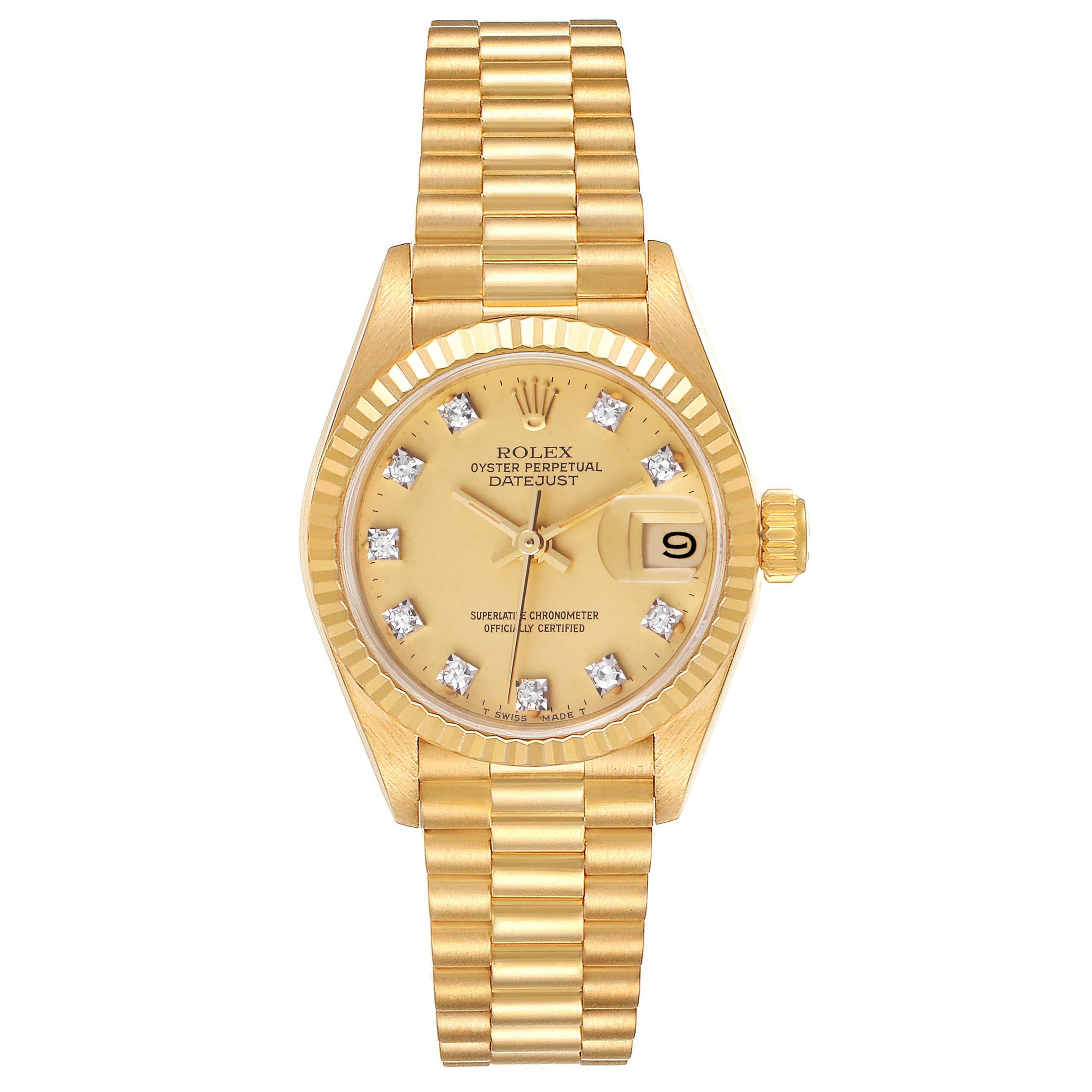 This image shows a front view of the Rolex President 69178 Women's Yellow Gold Champagne Dial 69178 Women's Yellow Gold Champagne Dial model watch, displaying its dial, hands, bezel, and bracelet.