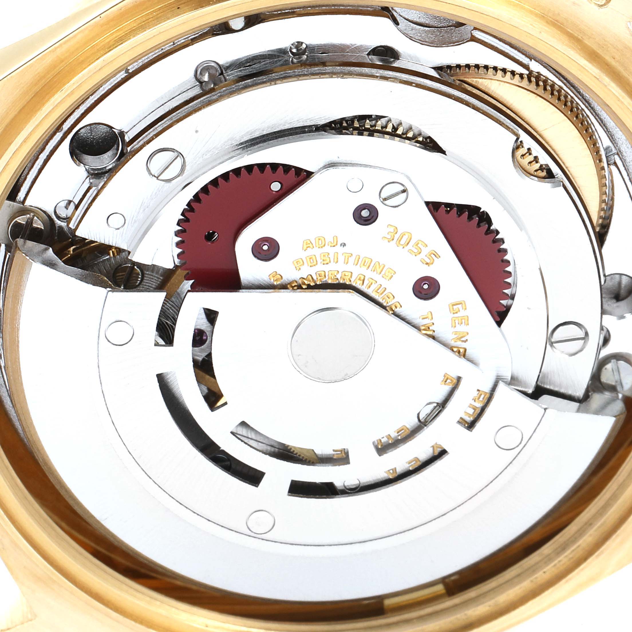 This image shows the internal movement mechanism of a Rolex President 18038 Men
s Yellow Gold Champagne Dial 18038 Men
s Yellow Gold Champagne Dial watch model from a close-up, top-down angle.