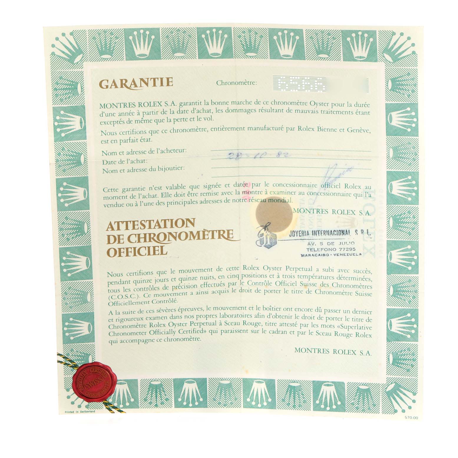 The image shows the paper warranty certificate for a Rolex President 18038 Men
s Yellow Gold Champagne Dial 18038 Men
s Yellow Gold Champagne Dial watch, featuring text and official stamps.