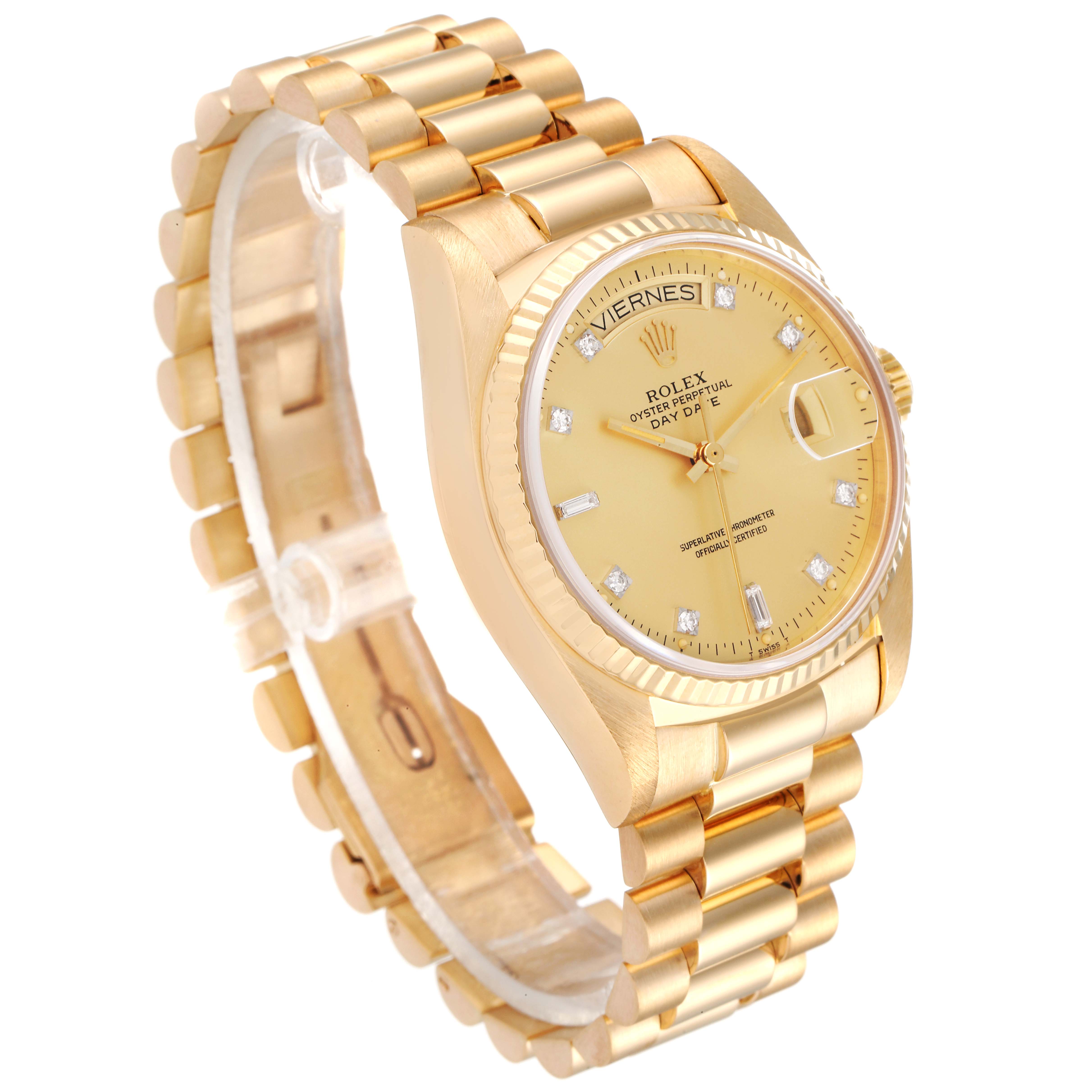 This Rolex President 18038 Men
s Yellow Gold Champagne Dial 18038 Men
s Yellow Gold Champagne Dial model watch is shown from an angled side view, displaying its gold bracelet, dial, and fluted bezel.