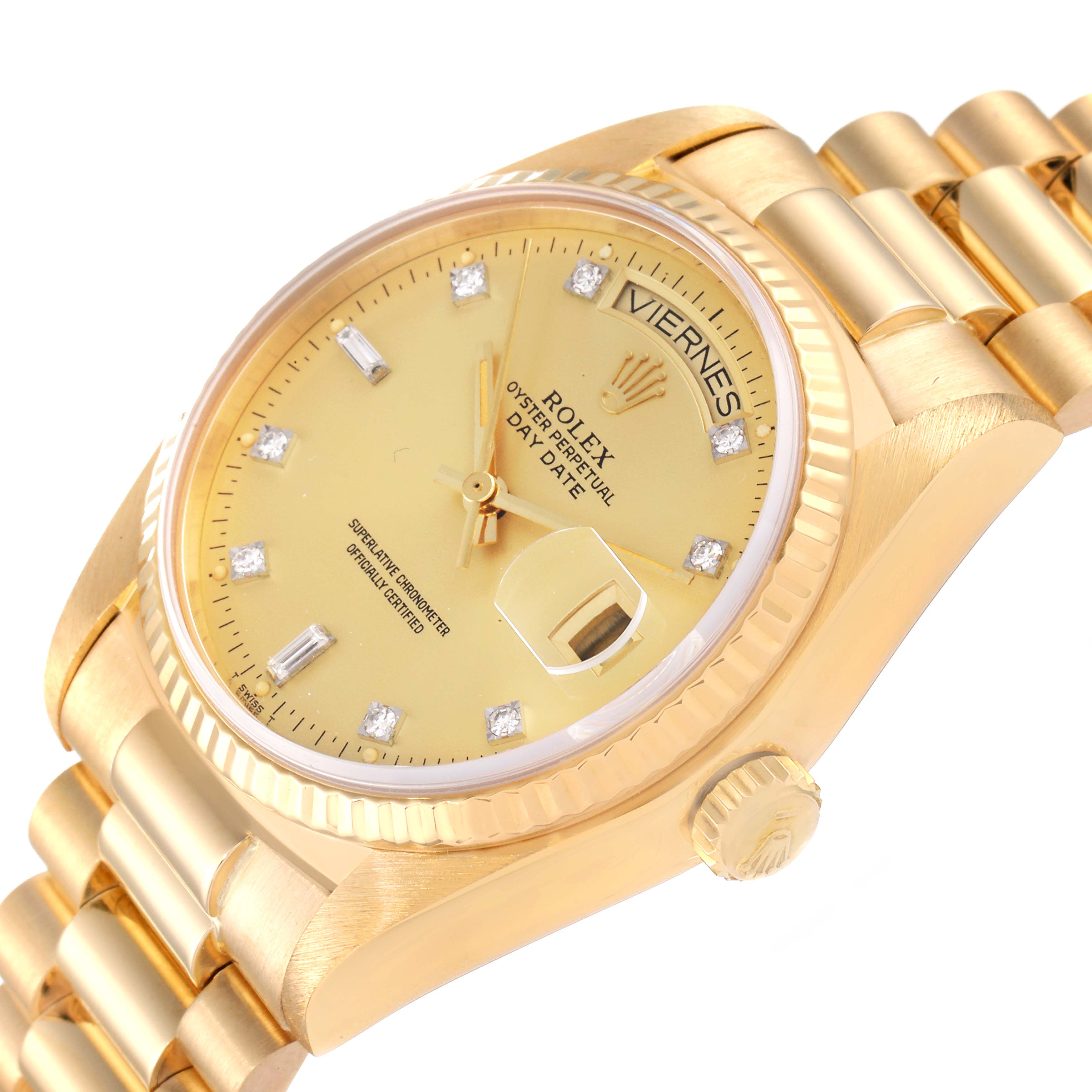 The image shows a tilted close-up view of the Rolex President 18038 Men
s Yellow Gold Champagne Dial 18038 Men
s Yellow Gold Champagne Dial model watch, highlighting its dial, bezel, bracelet, and crown.