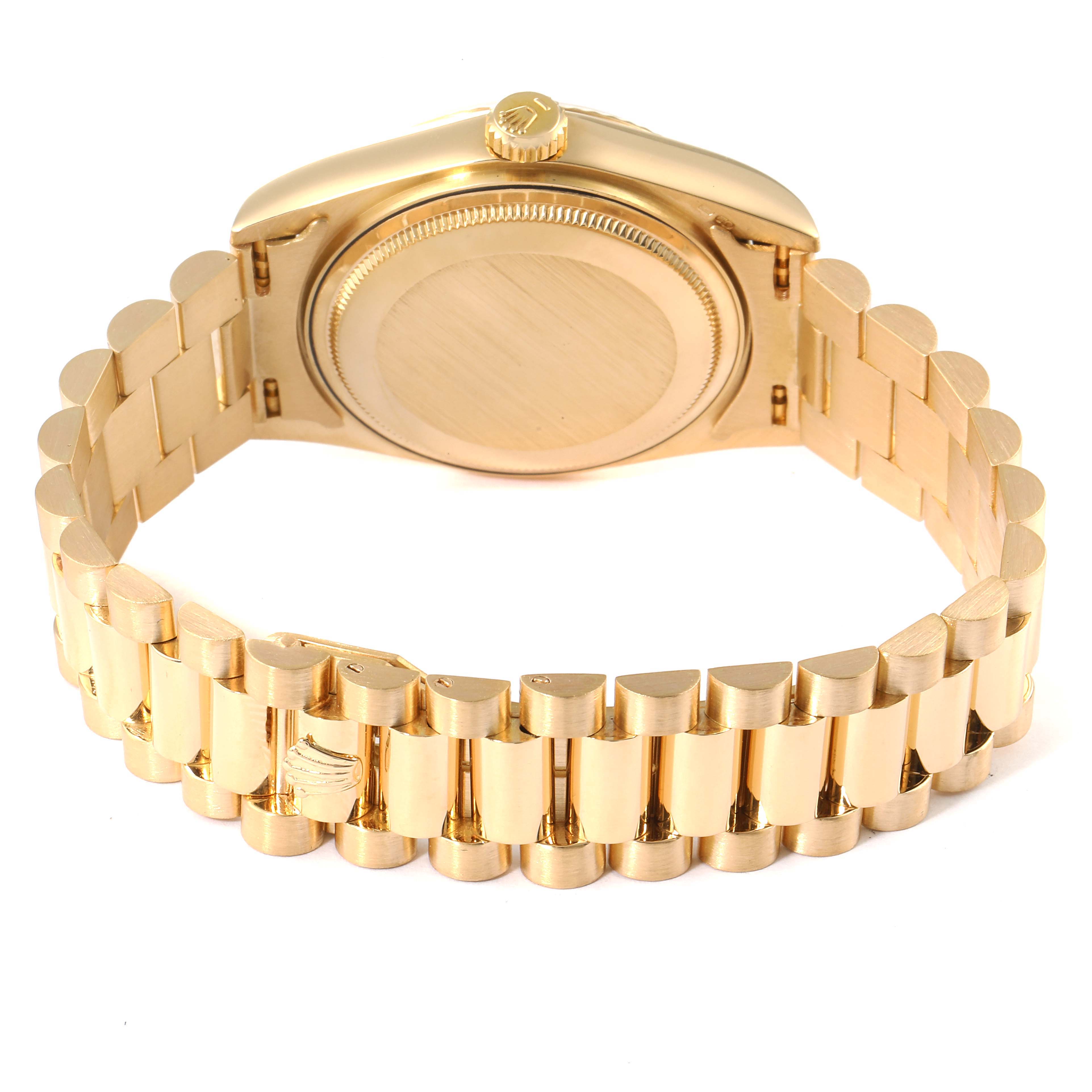 The image shows the back view of a Rolex President 18038 Men
s Yellow Gold Champagne Dial 18038 Men
s Yellow Gold Champagne Dial model watch, highlighting its bracelet and case back.