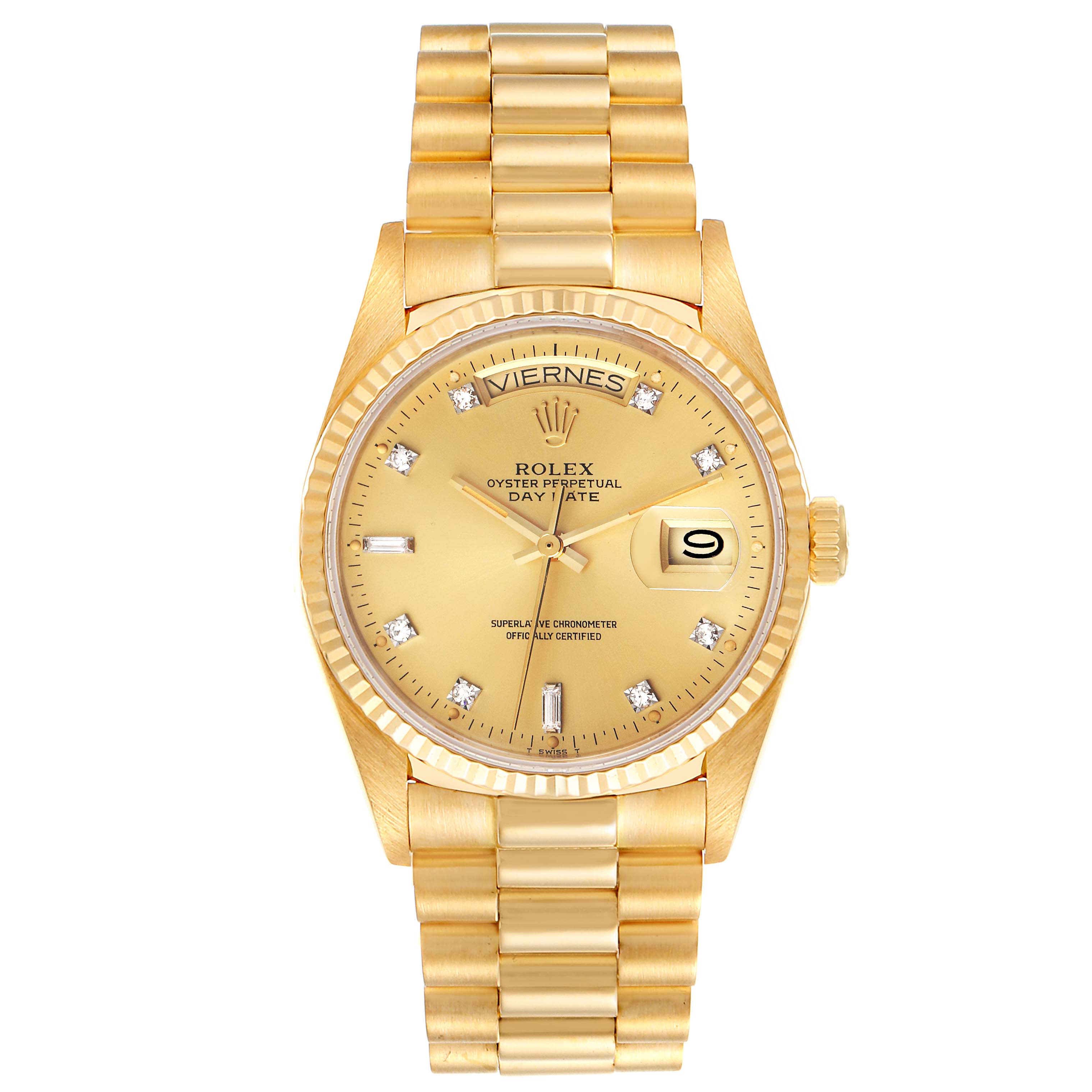 The image shows a frontal view of the Rolex President 18038 Men
s Yellow Gold Champagne Dial 18038 Men
s Yellow Gold Champagne Dial model, including the dial, bezel, bracelet, and crown.