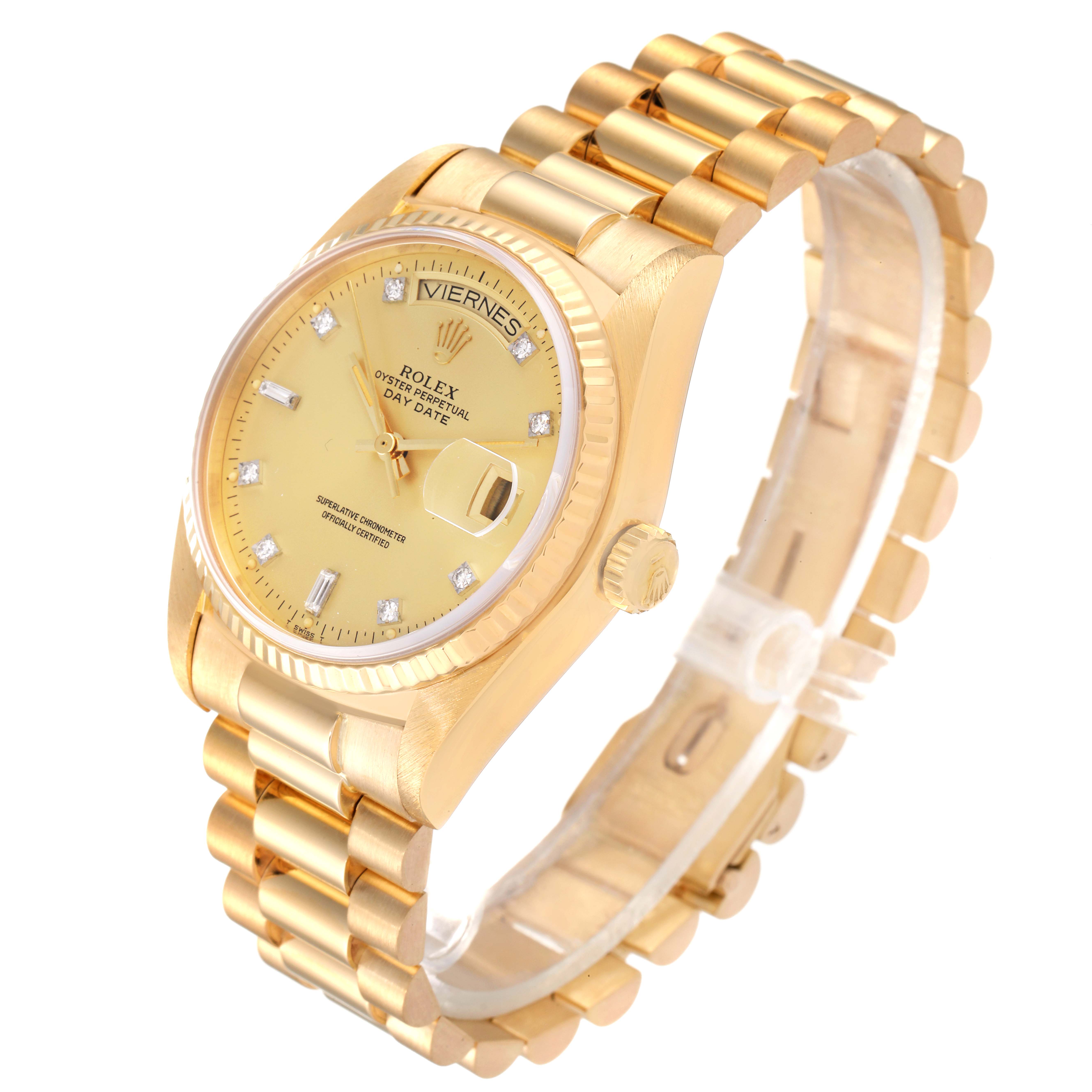 This image shows a Rolex President 18038 Men
s Yellow Gold Champagne Dial 18038 Men
s Yellow Gold Champagne Dial model watch from a three-quarter view, highlighting its gold case, dial, bezel, and bracelet.
