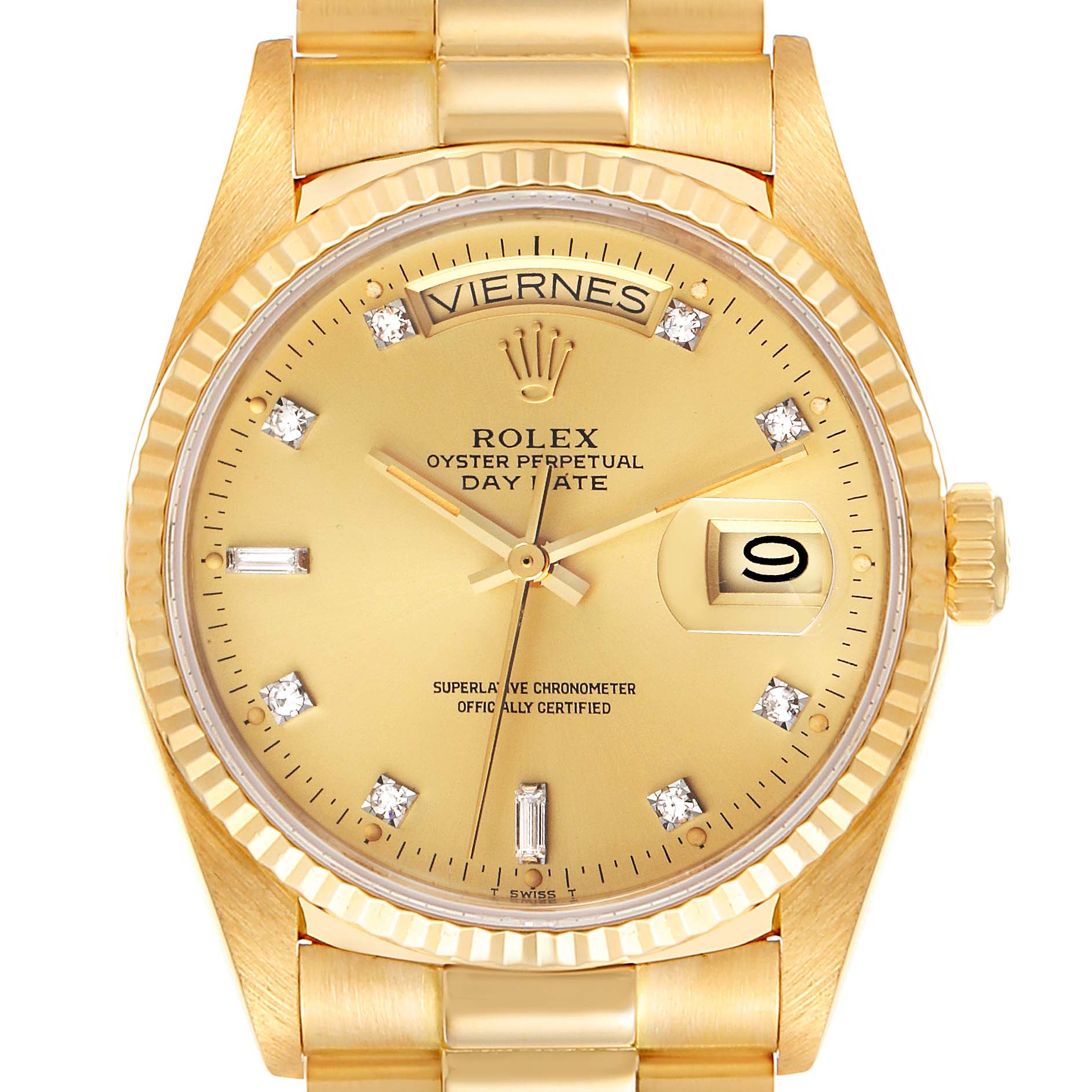 This image shows a front view of the Rolex President 18038 Men
s Yellow Gold Champagne Dial 18038 Men
s Yellow Gold Champagne Dial model watch displaying the day, date, and diamond hour markers.