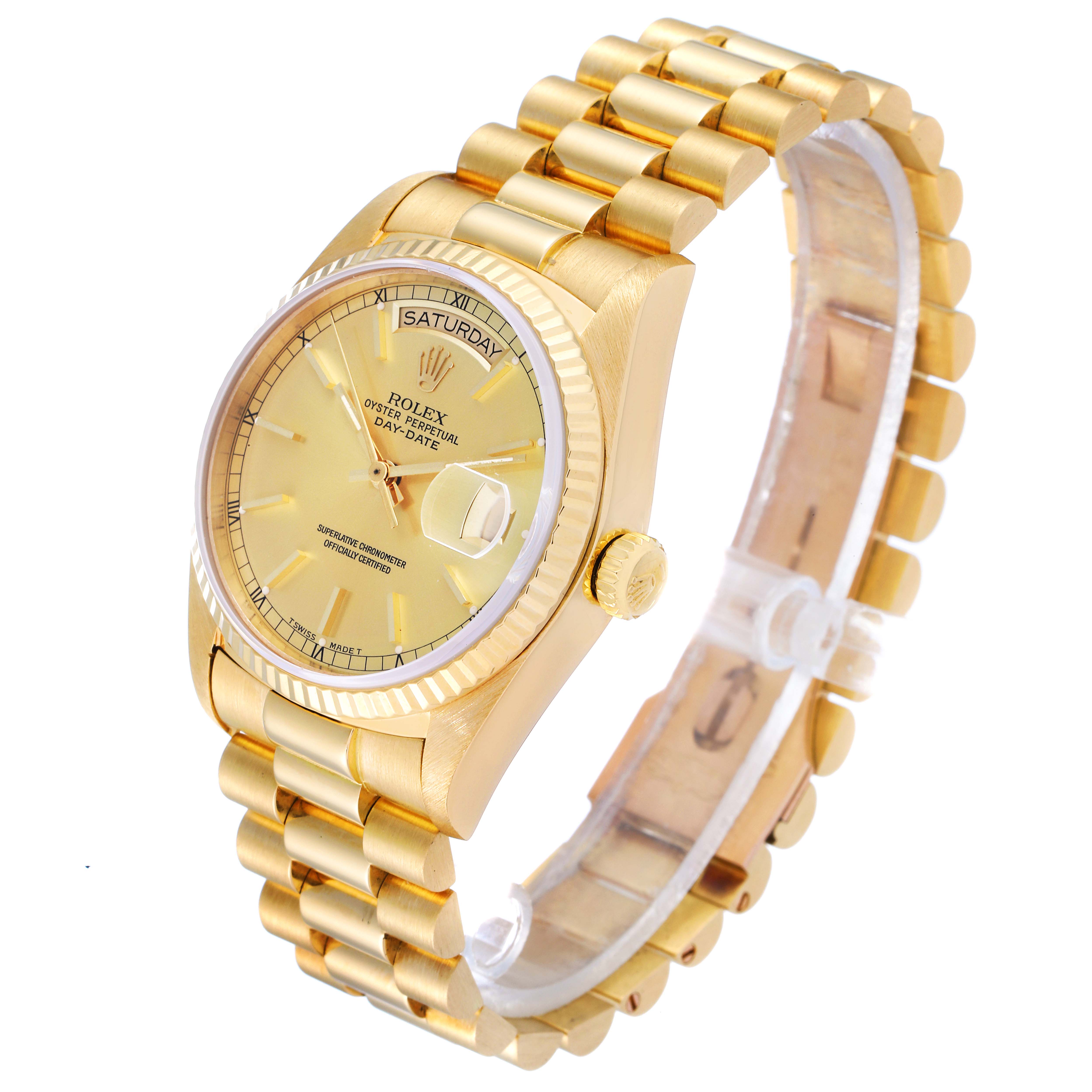 The Rolex President 18038 Men's Yellow Gold Champagne Dial 18038 Men's Yellow Gold Champagne Dial model watch is shown in a three-quarter angle, highlighting its face, crown, bezel, and bracelet.