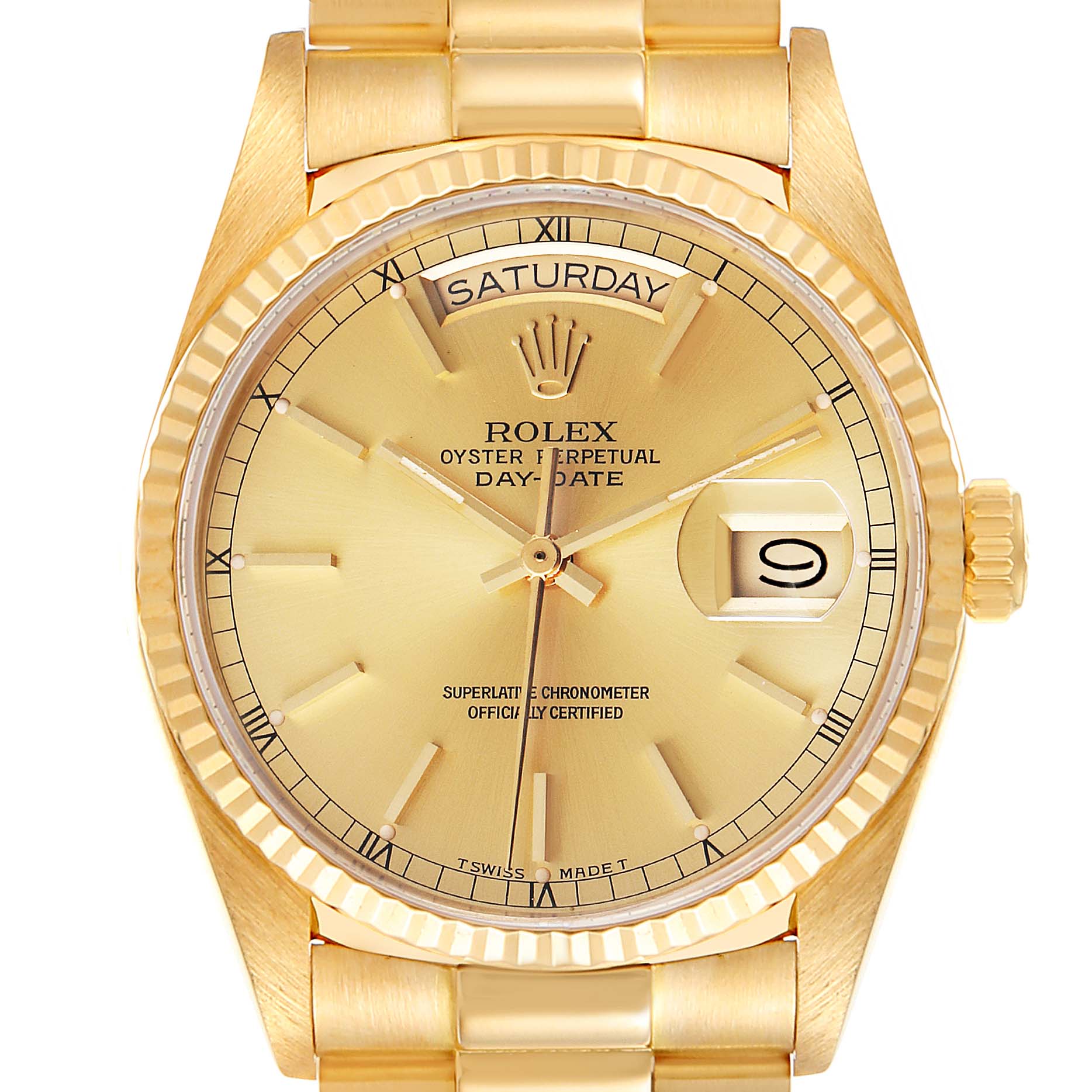 The image shows a frontal view of the Rolex President 18038 Men's Yellow Gold Champagne Dial 18038 Men's Yellow Gold Champagne Dial model watch displaying the face and part of the band.