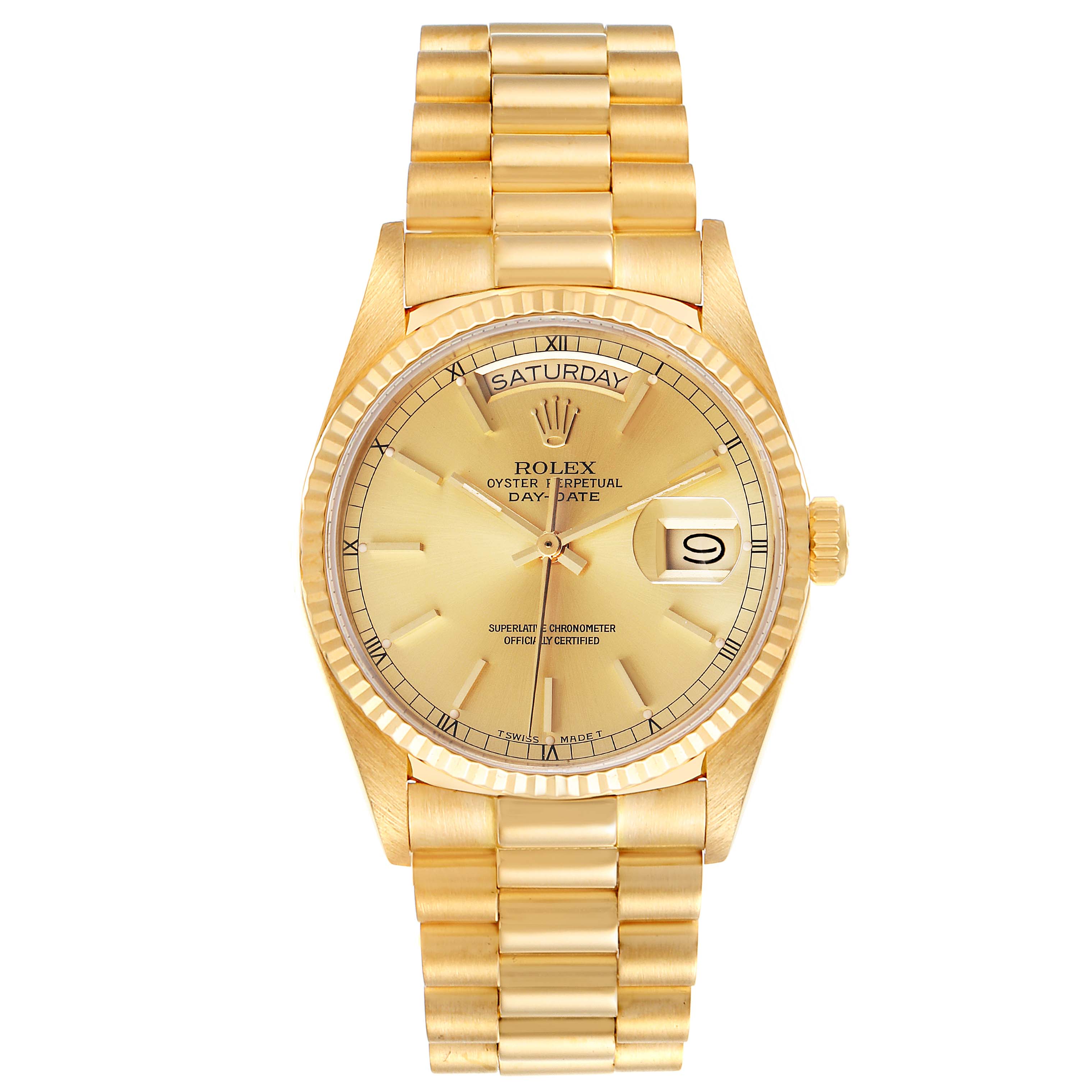 This image shows the Rolex President 18038 Men's Yellow Gold Champagne Dial 18038 Men's Yellow Gold Champagne Dial model watch from a front view, highlighting its gold dial, bracelet, and day-date display.