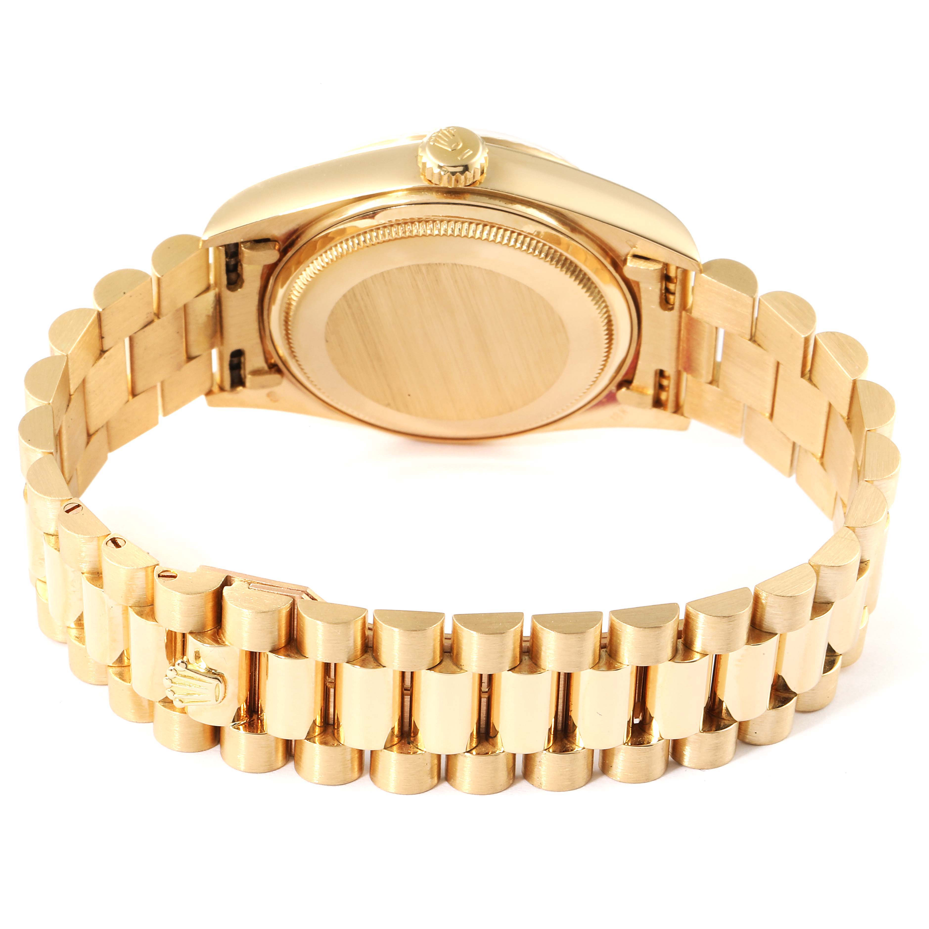 The image shows the back and side view of a Rolex President 18038 Men's Yellow Gold Champagne Dial 18038 Men's Yellow Gold Champagne Dial model watch, highlighting the bracelet and case back.