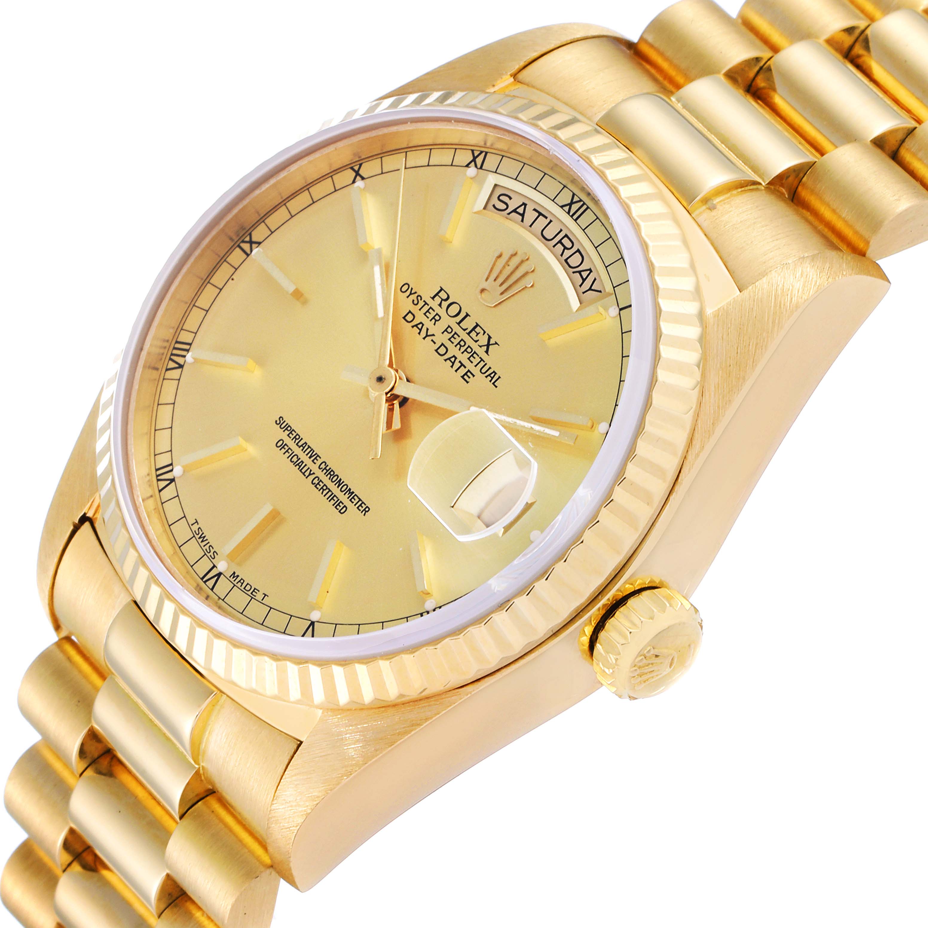 The image shows a Rolex President 18038 Men's Yellow Gold Champagne Dial 18038 Men's Yellow Gold Champagne Dial model watch at a slight angle, highlighting the dial, day/date display, crown, and part of the bracelet.
