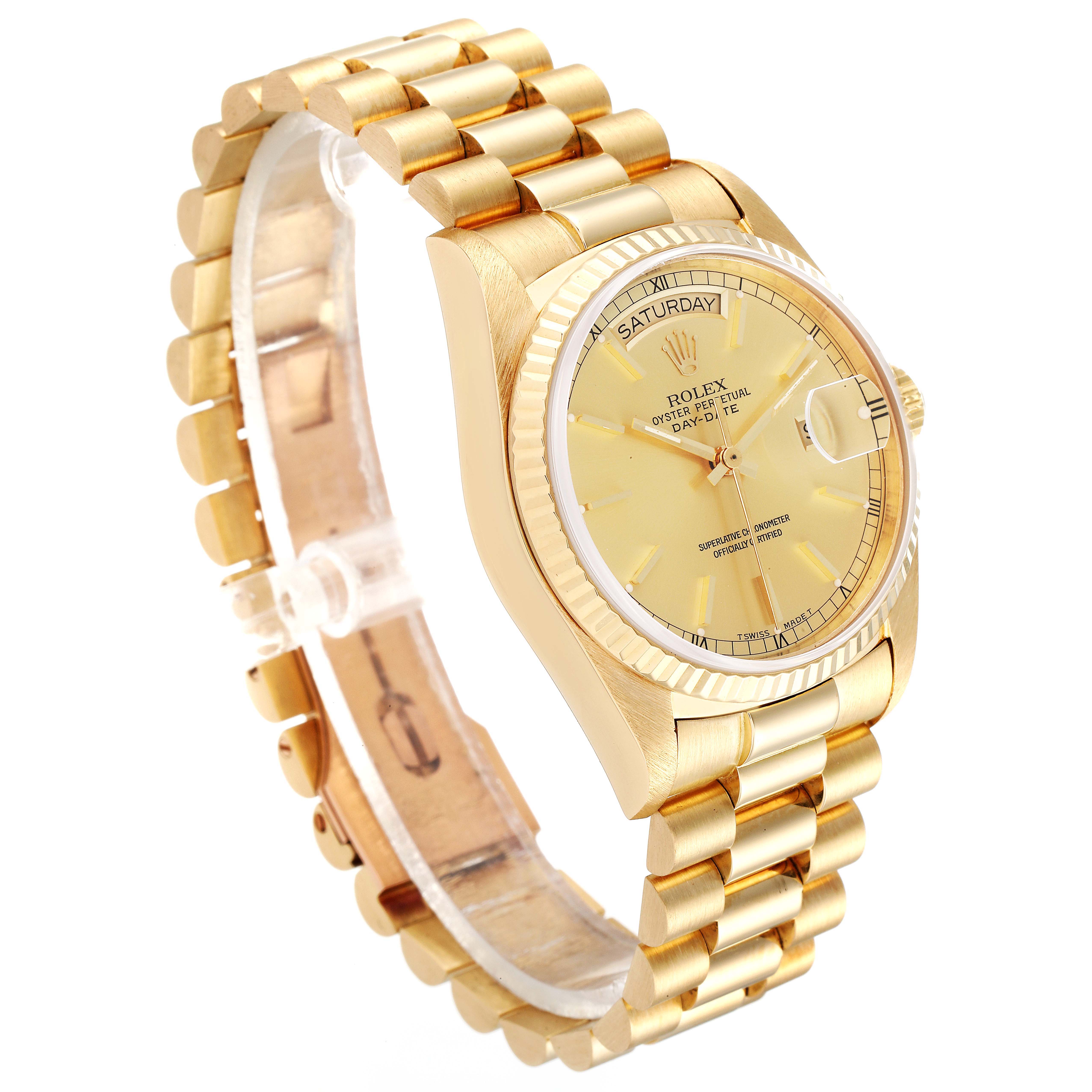 The image shows a side-angle view of the Rolex President 18038 Men's Yellow Gold Champagne Dial 18038 Men's Yellow Gold Champagne Dial model watch, highlighting the bracelet, dial, and bezel.