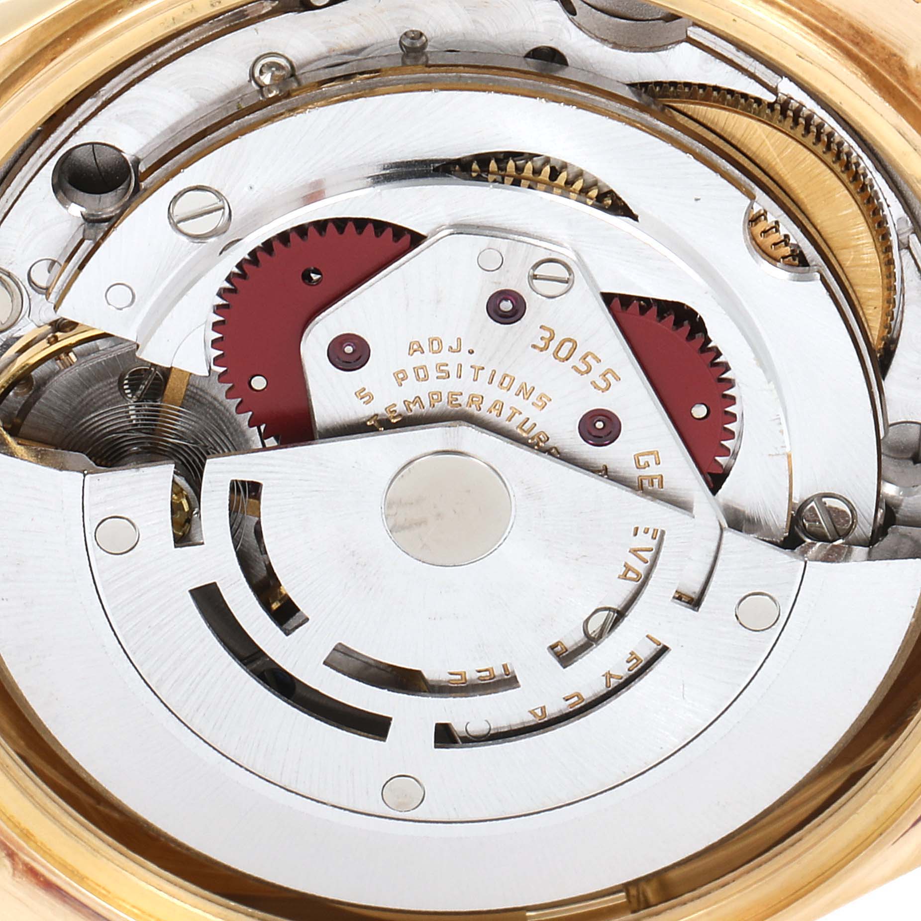 This image shows a close-up view of the movement mechanism of a Rolex President 18038 Men's Yellow Gold Champagne Dial 18038 Men's Yellow Gold Champagne Dial watch.