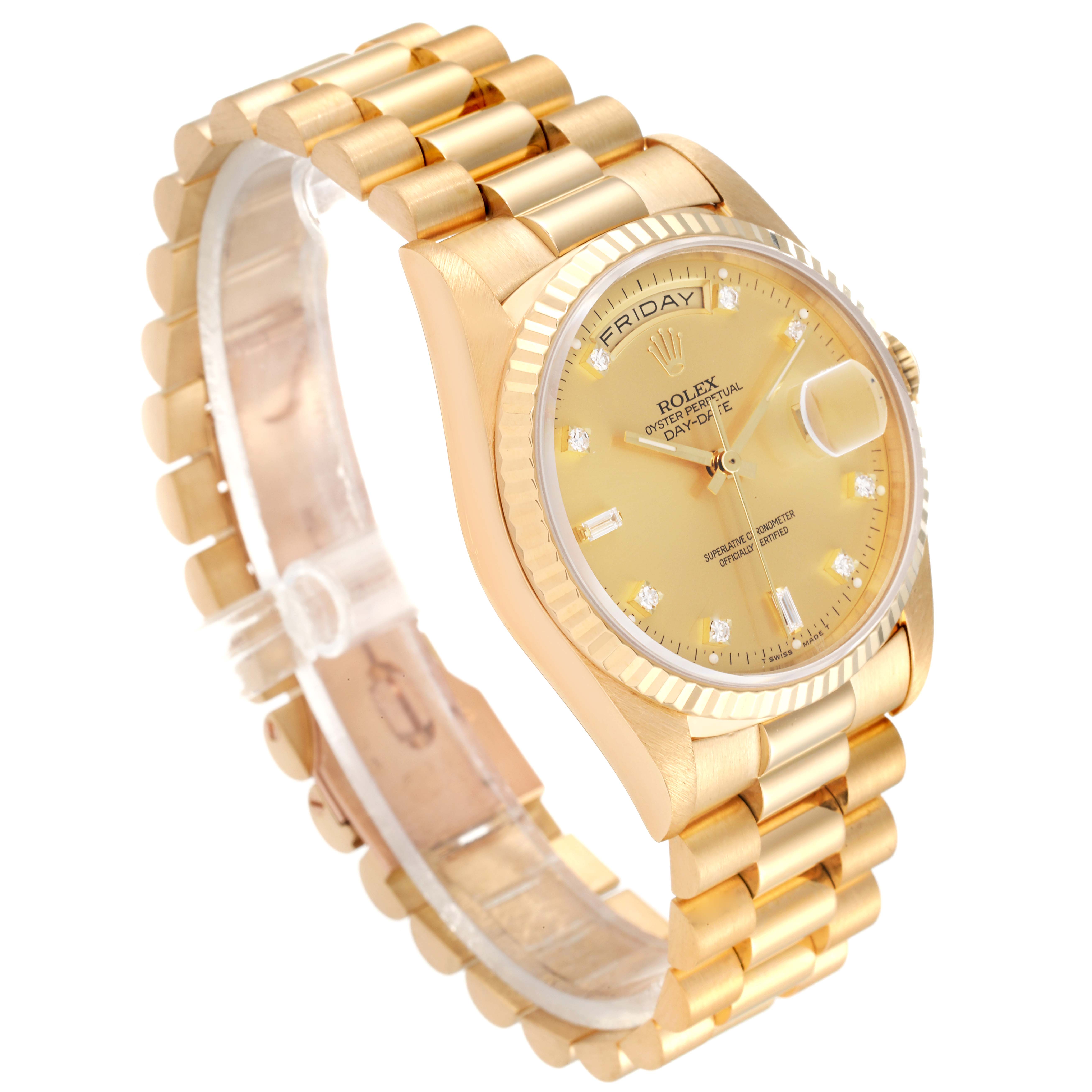 The Rolex President 18238 Men's Yellow Gold Champagne Dial 18238 Men's Yellow Gold Champagne Dial model watch is shown at an angled view, displaying the dial, case, and part of the bracelet.
