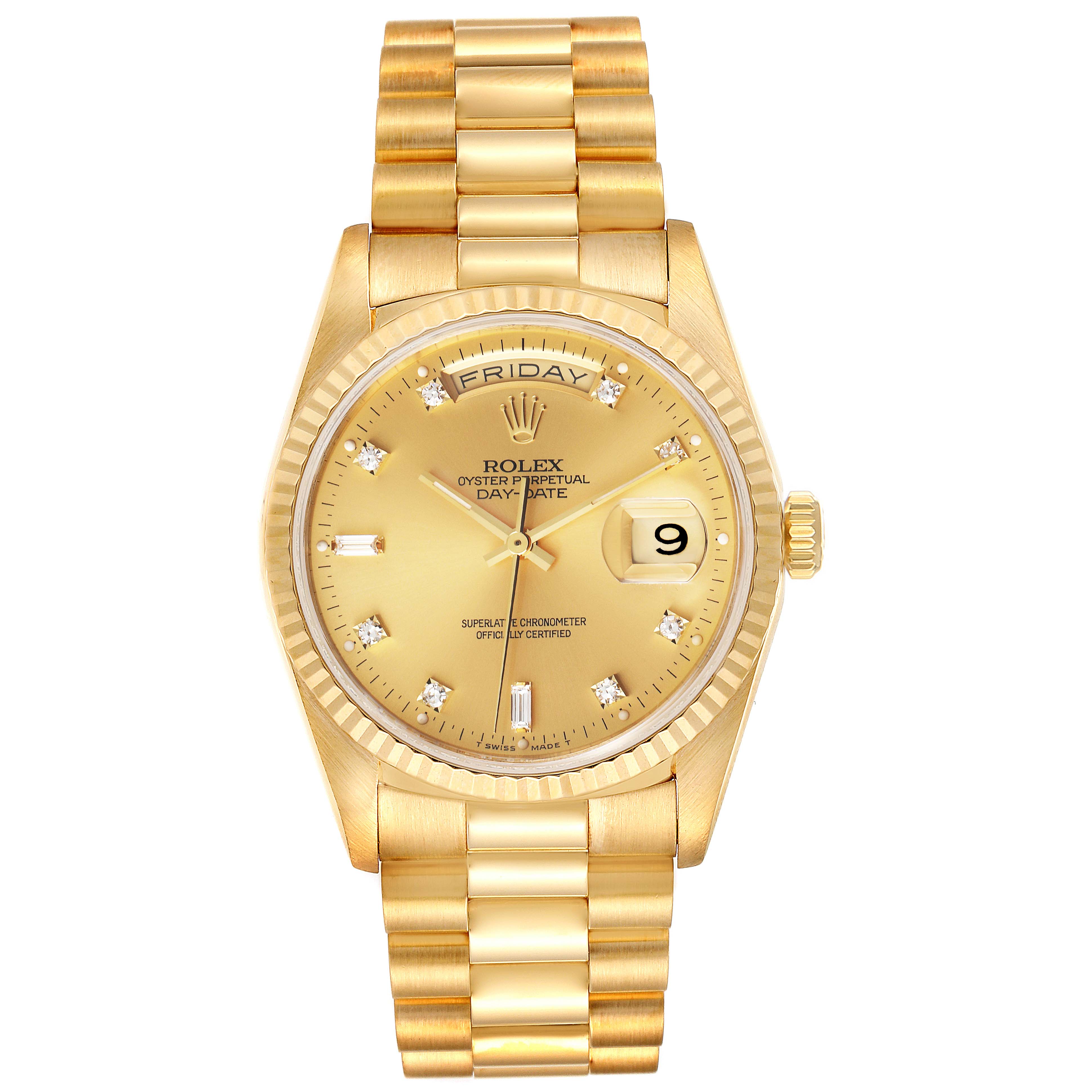 The image shows a front view of a Rolex President 18238 Men's Yellow Gold Champagne Dial 18238 Men's Yellow Gold Champagne Dial model watch, highlighting its gold case, dial, and bracelet.