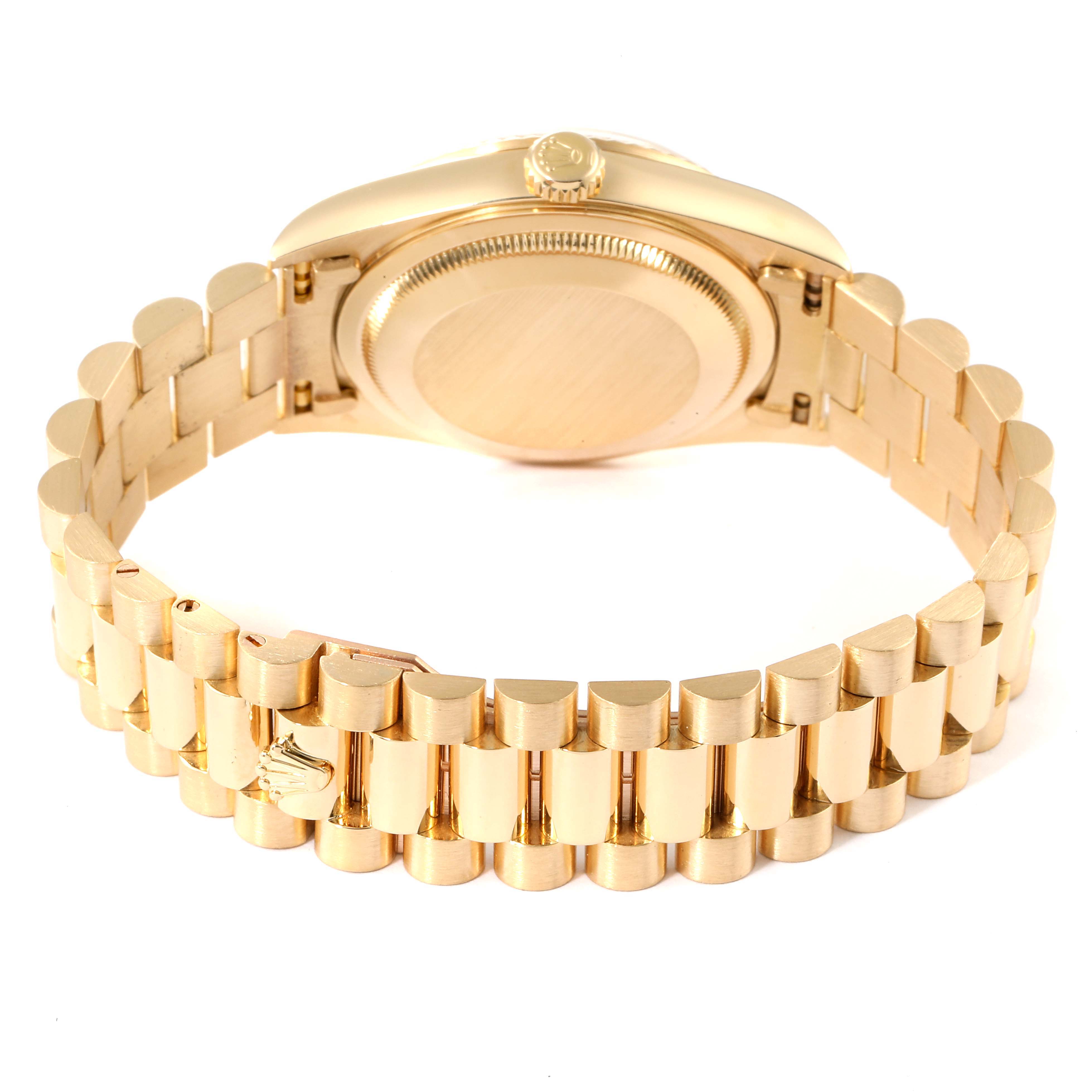 The image shows the back and bracelet of a Rolex President 18238 Men's Yellow Gold Champagne Dial 18238 Men's Yellow Gold Champagne Dial model watch at a slight angle from behind.