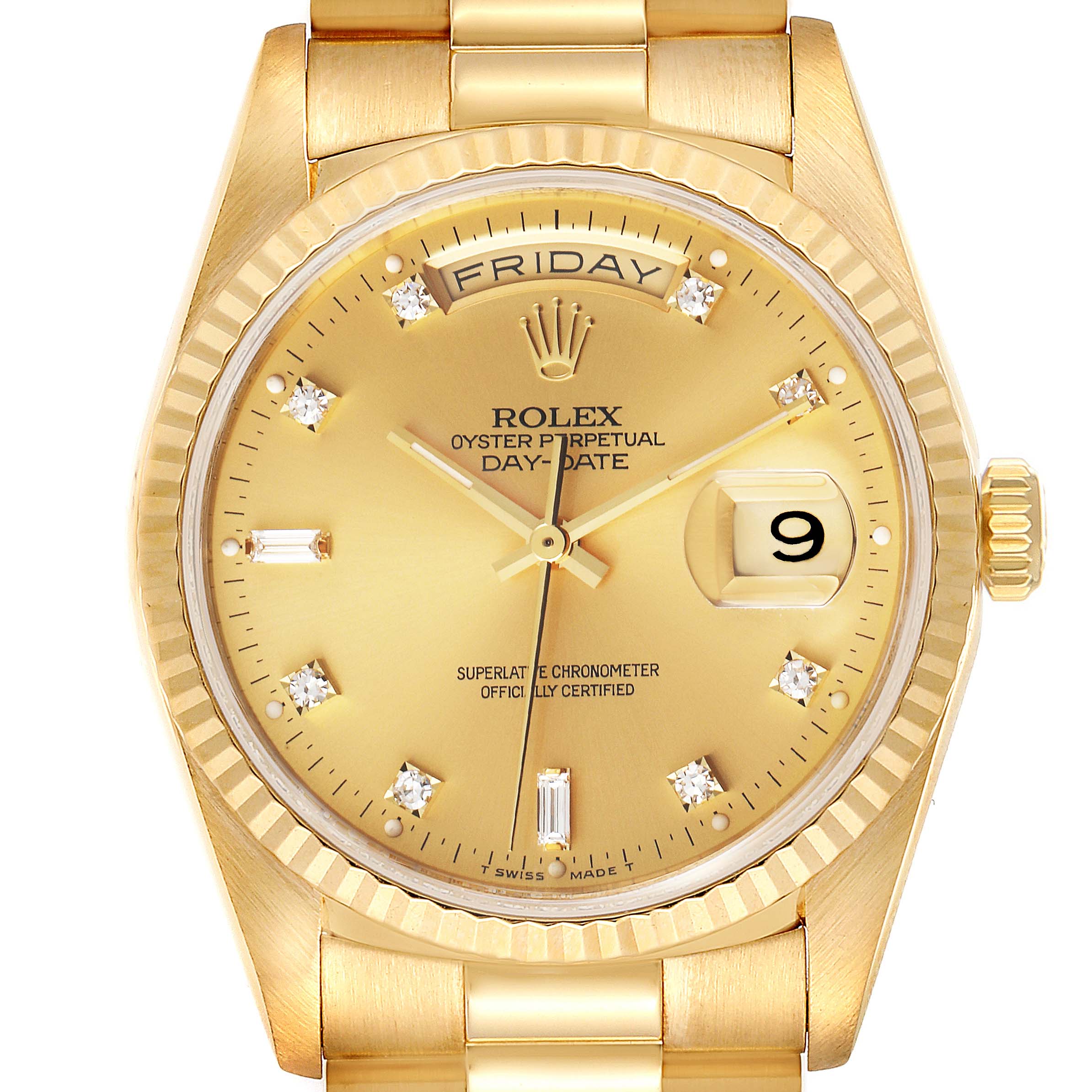 The Rolex President 18238 Men's Yellow Gold Champagne Dial 18238 Men's Yellow Gold Champagne Dial Day-Date watch is shown from a top-down angle, focusing on its dial, bezel, day-date indicators, and part of the bracelet.