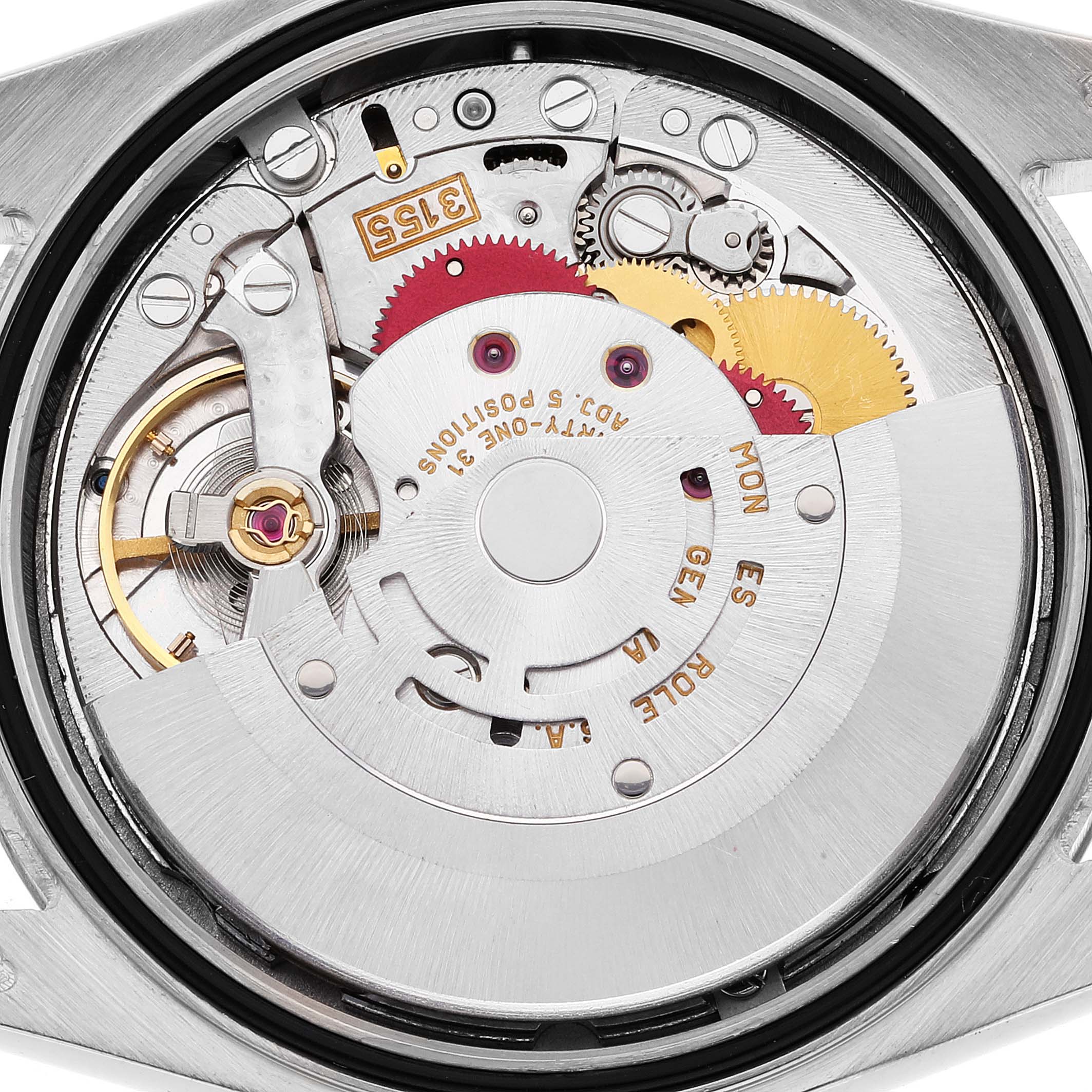 The image shows a close-up view of the internals of a Rolex President 118239 Men's White Gold Silver Dial 118239 Men's White Gold Silver Dial model watch, focusing on the movement and mechanical components.