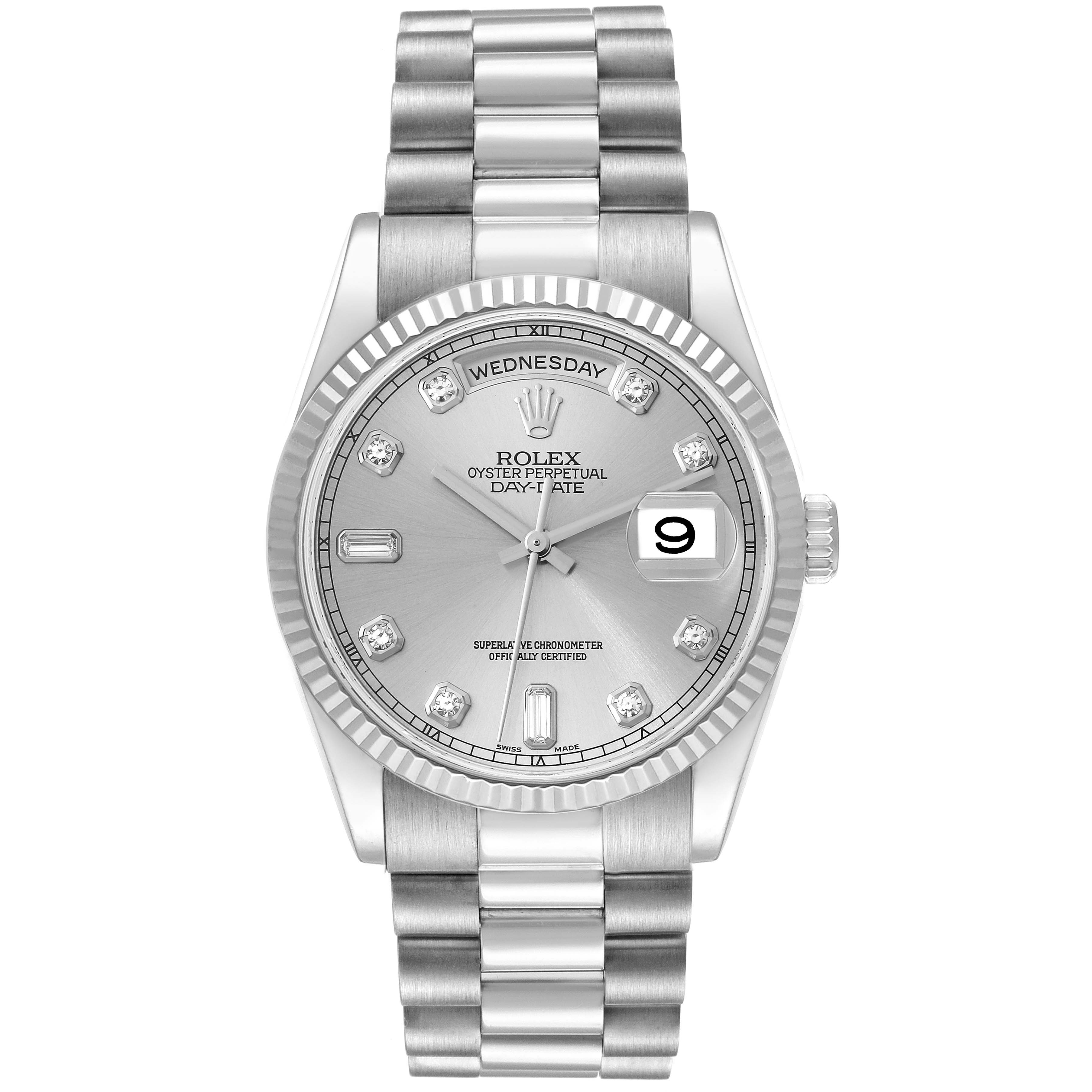 The image shows a front view of the Rolex President 118239 Men's White Gold Silver Dial 118239 Men's White Gold Silver Dial model watch, displaying the watch face, bracelet, and crown.
