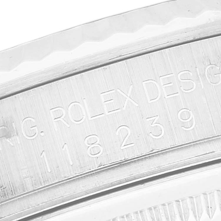 This image shows a close-up of the engraved model number on the inner bezel of a Rolex President 118239 Men's White Gold Silver Dial 118239 Men's White Gold Silver Dial watch.