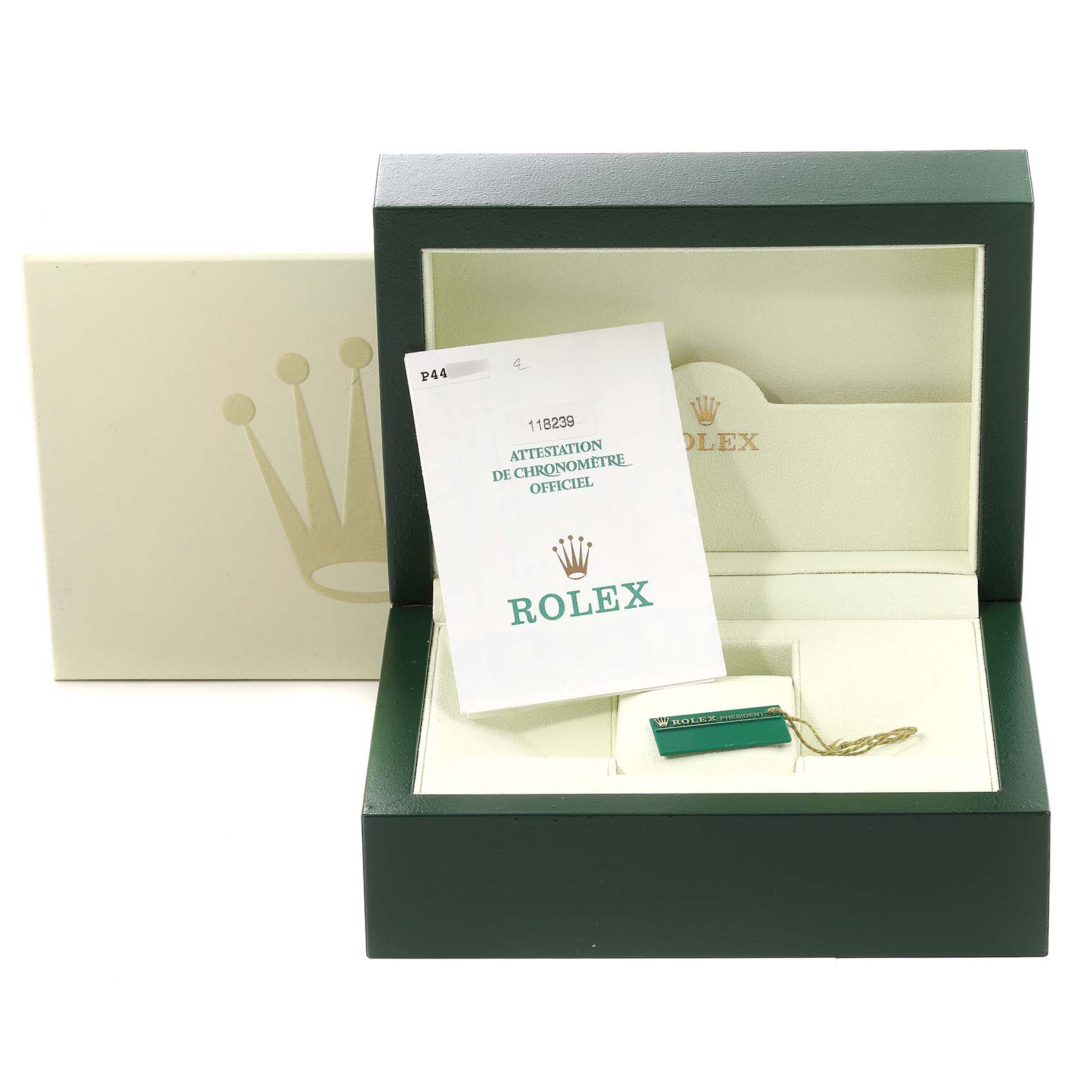 This image shows the packaging, documentation, and hang tag for a Rolex President 118239 Men's White Gold Silver Dial 118239 Men's White Gold Silver Dial model watch.