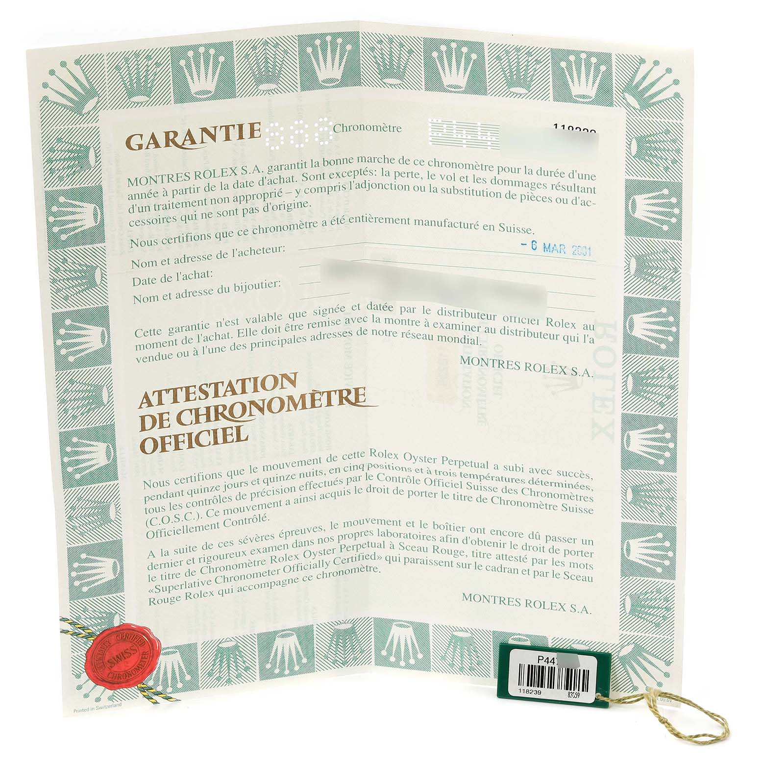 The image shows the official warranty and chronometer certification paperwork for a Rolex President 118239 Men's White Gold Silver Dial 118239 Men's White Gold Silver Dial model watch.