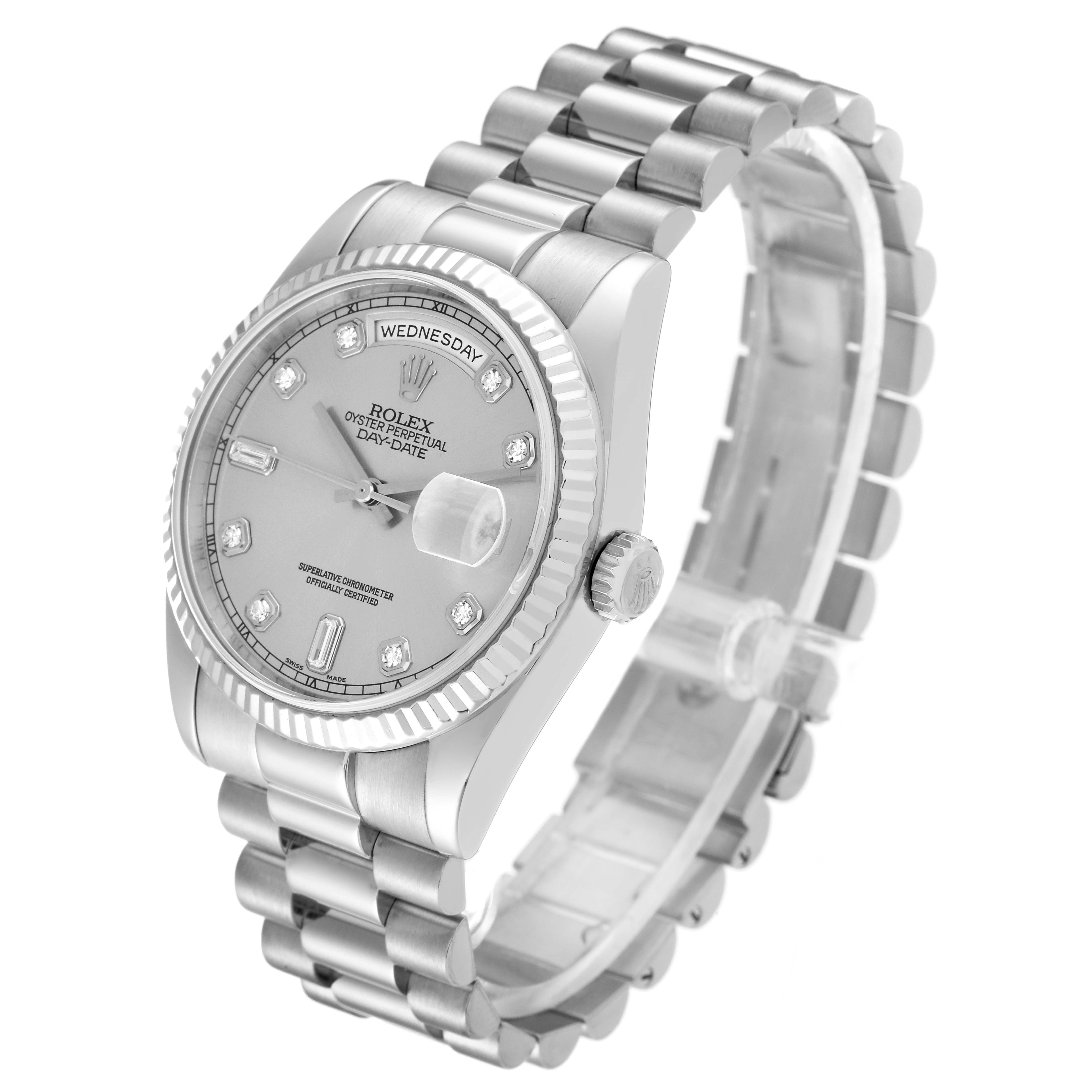The image shows a Rolex President 118239 Men's White Gold Silver Dial 118239 Men's White Gold Silver Dial model watch from a three-quarter angle, displaying the dial, fluted bezel, and bracelet.