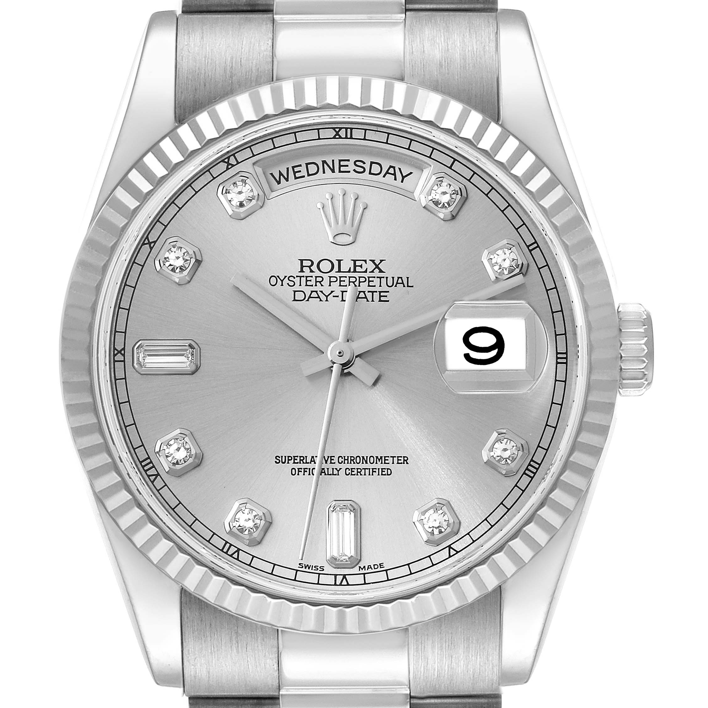 The image shows a close-up, frontal view of the Rolex President 118239 Men's White Gold Silver Dial 118239 Men's White Gold Silver Dial model watch, highlighting its dial, bezel, hands, and bracelet.