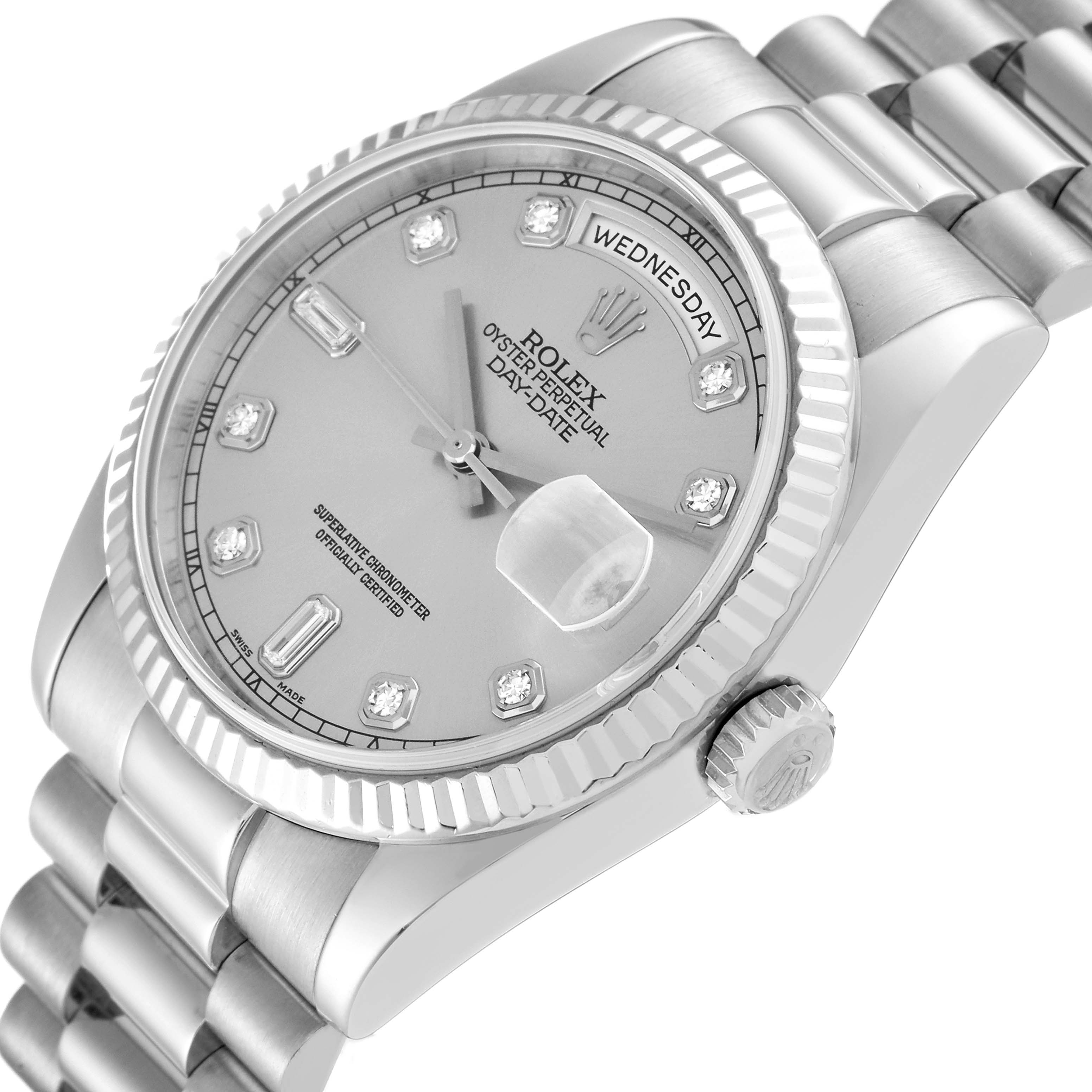 The image shows a Rolex President 118239 Men's White Gold Silver Dial 118239 Men's White Gold Silver Dial model watch at an angle highlighting the dial, bezel, crown, and part of the bracelet.
